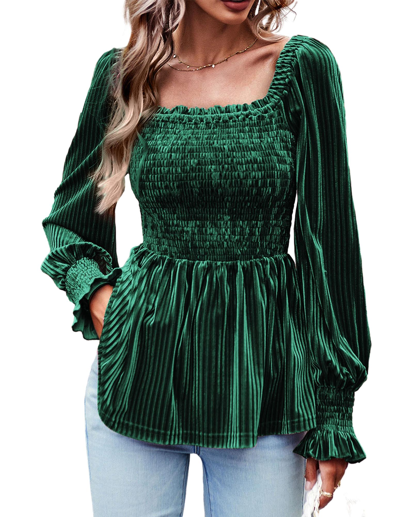 V539-AZEXDC25123661-P309-XL-202508271915-00 Blackish Green Smocked Ribbed Velvet Babydoll Top - XL - Image 1