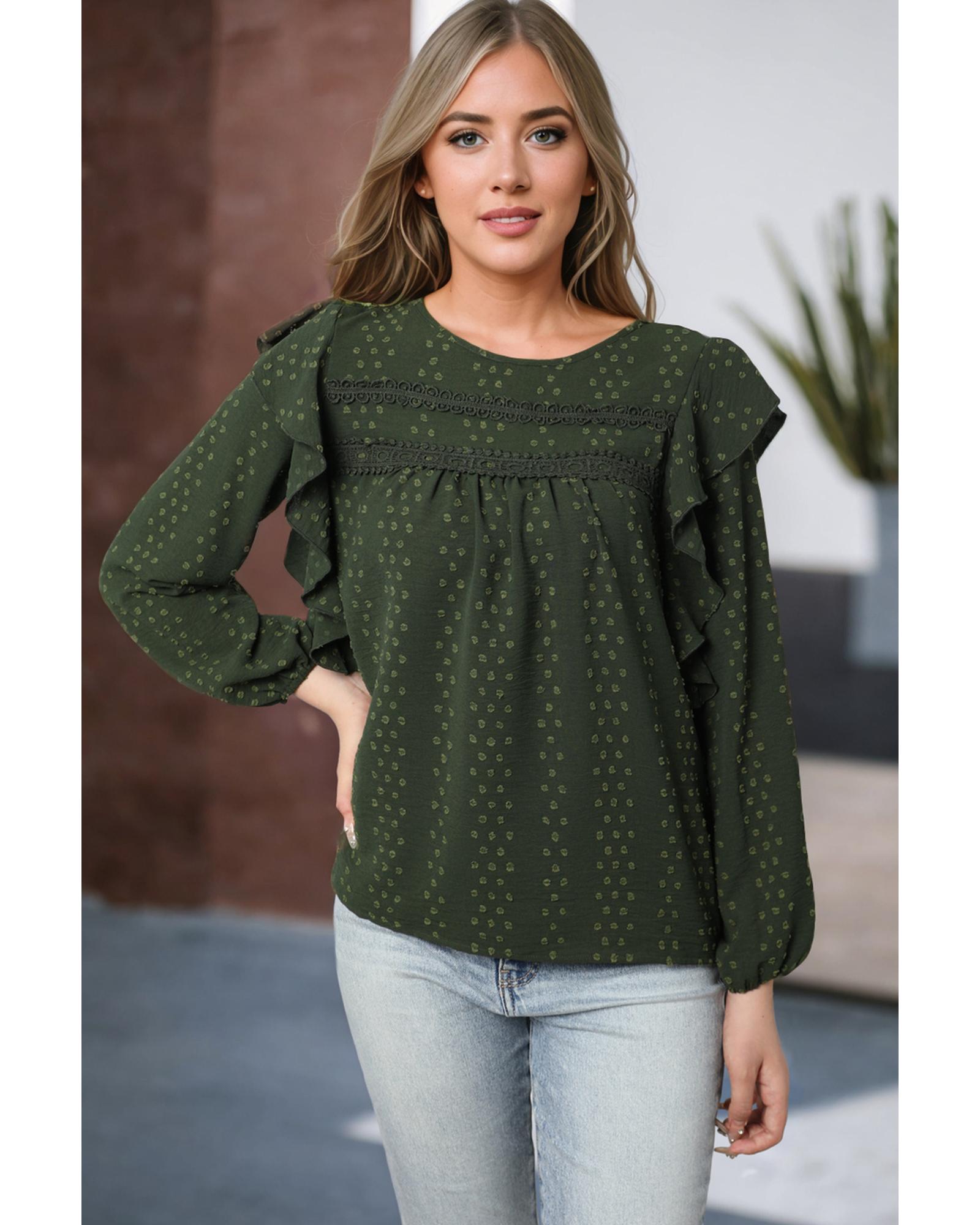 V539-AZEXDC25123781-P309-S-202506120112-00 Blackish Green Lace Eyelet Ruffle Shoulder Long Sleeve Blouse - S - Image 1