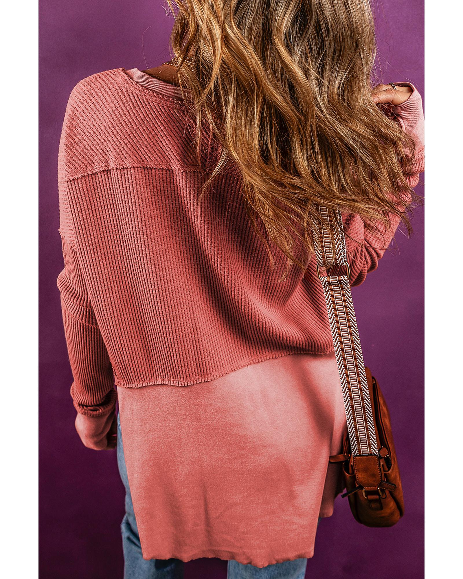 V539-AZEXDC25123879-P303-M-202508271535-00 Mineral Red Exposed Seam Slit Neck Waffle Knit Patchwork Top - M - Image 1