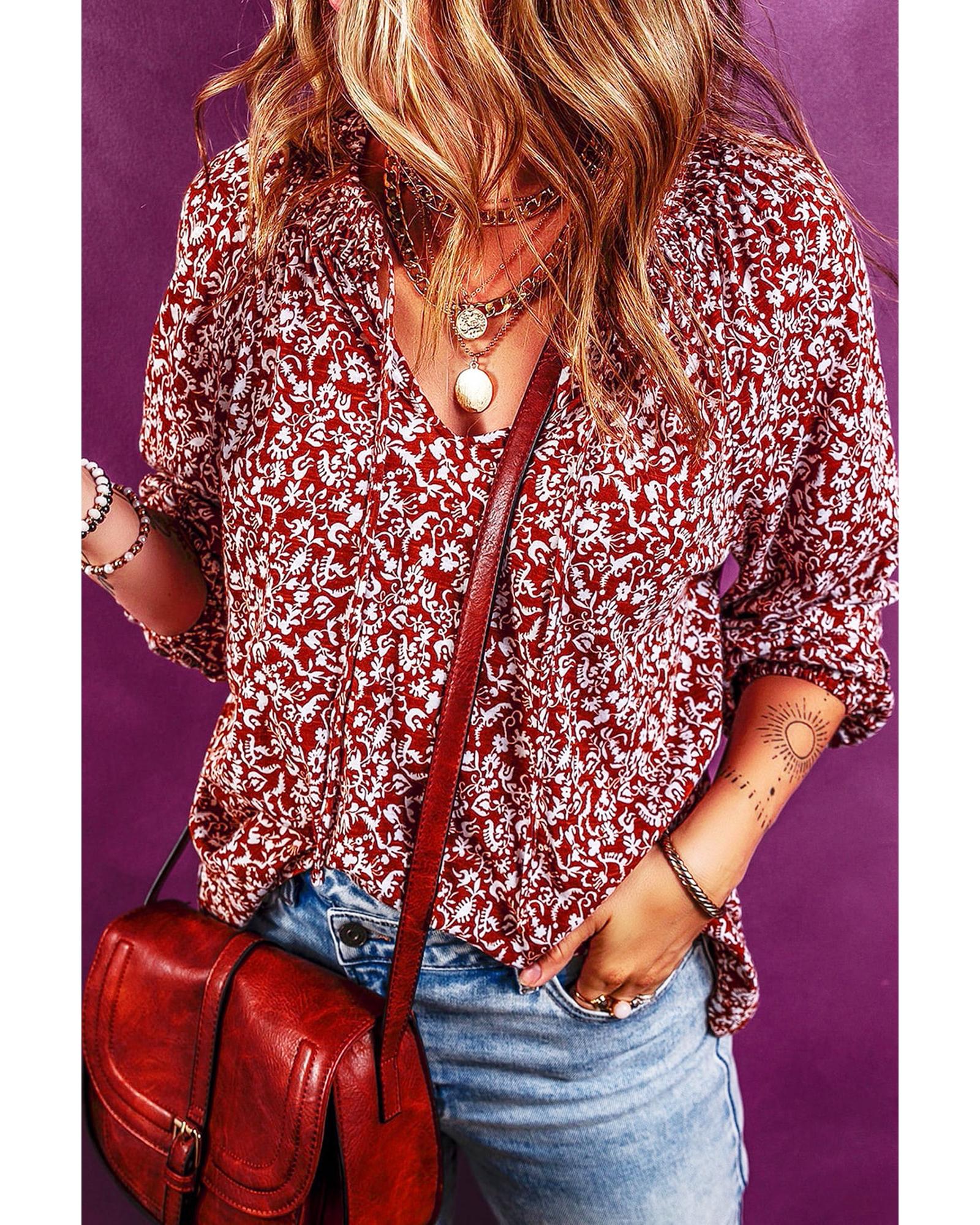 V539-AZEXDC25123880-P503-L-202508271835-00 Biking Red Floral Print Smocked Tie Neck Blouse - L - Image 1