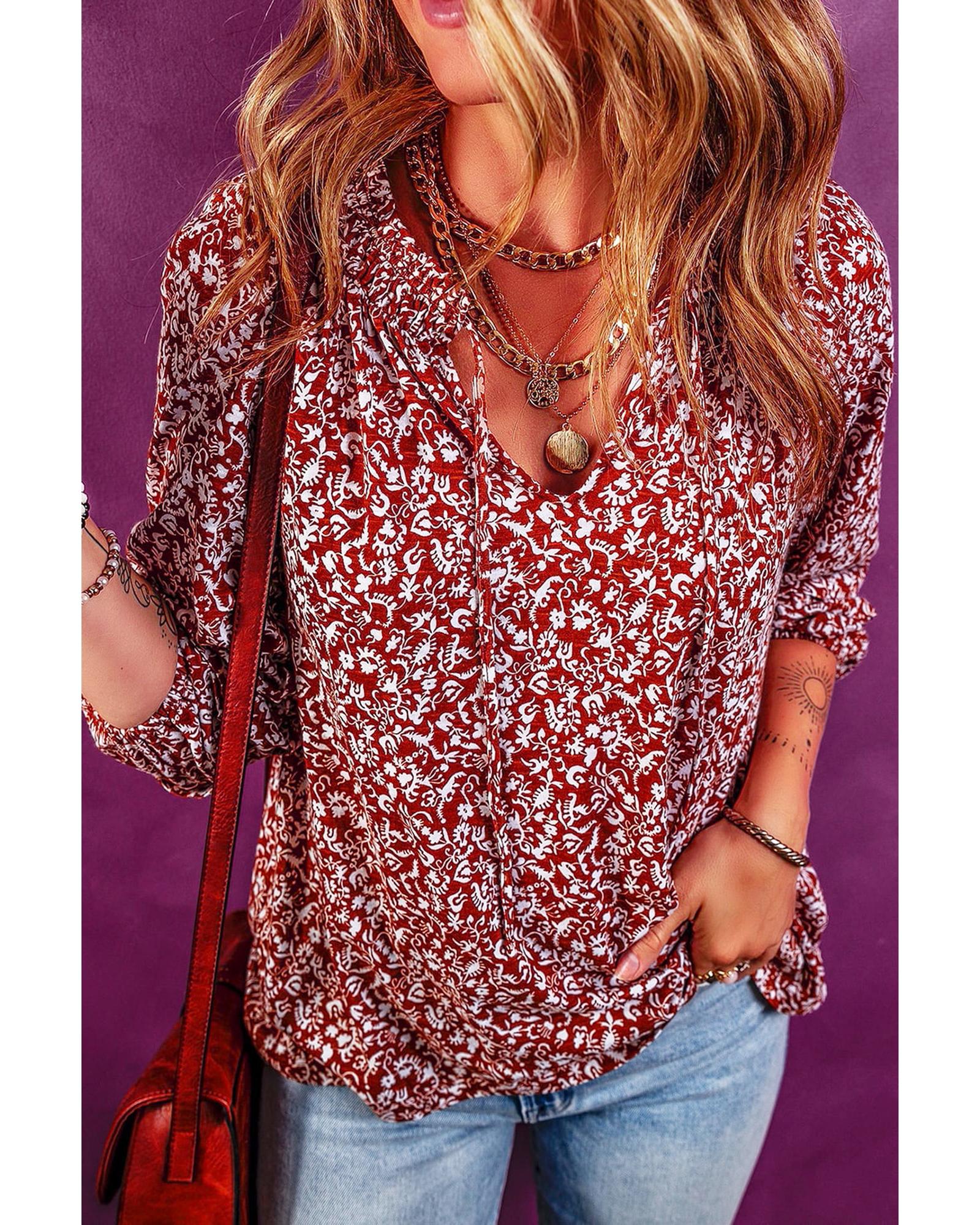 V539-AZEXDC25123880-P503-S-202506120137-00 Biking Red Floral Print Smocked Tie Neck Blouse - S - Image 1