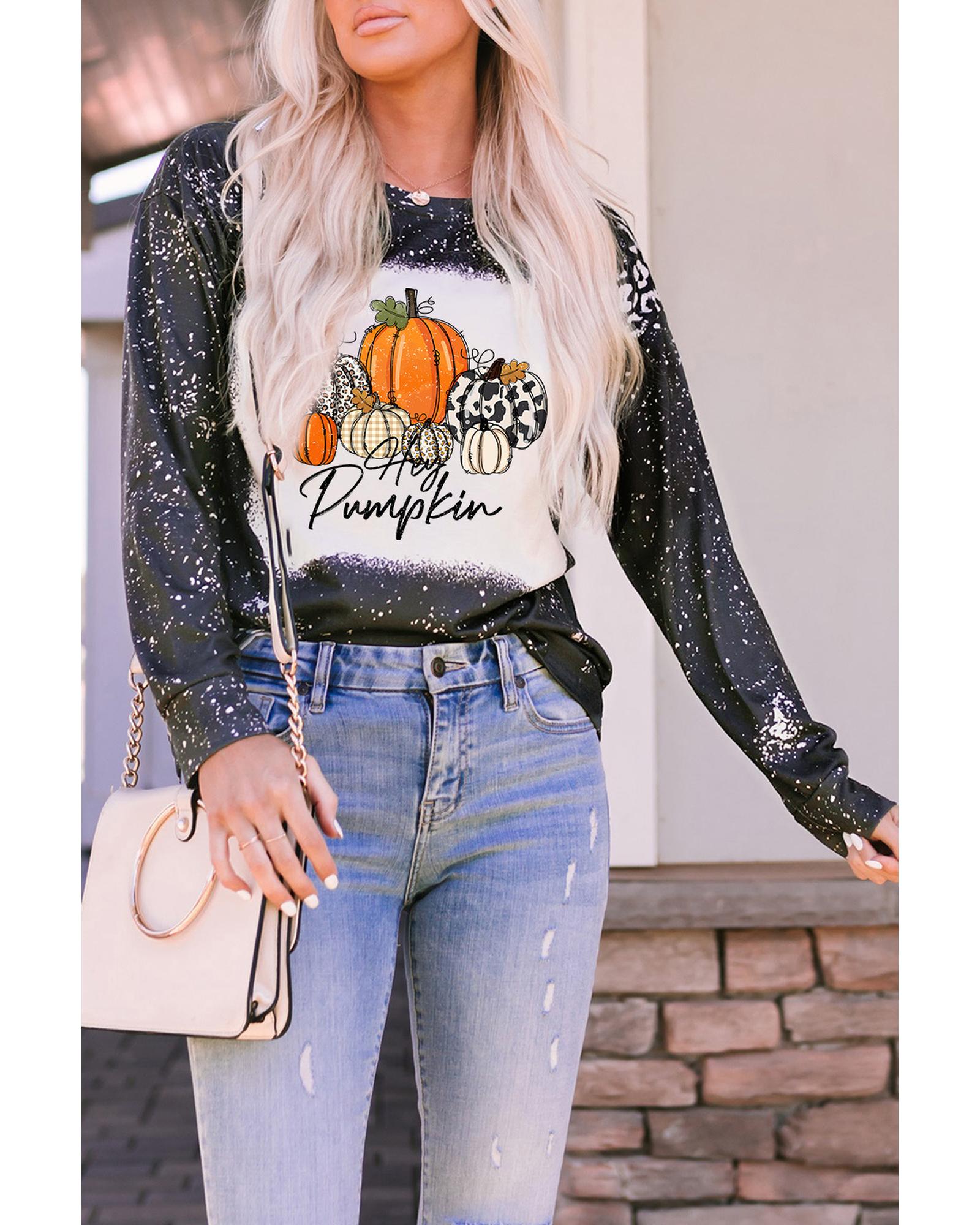 V539-AZEXDC25123910-2-L-202508270820-00 Black Leopard Bleached Pumpkin Graphic Long Sleeve Top - L - Image 1