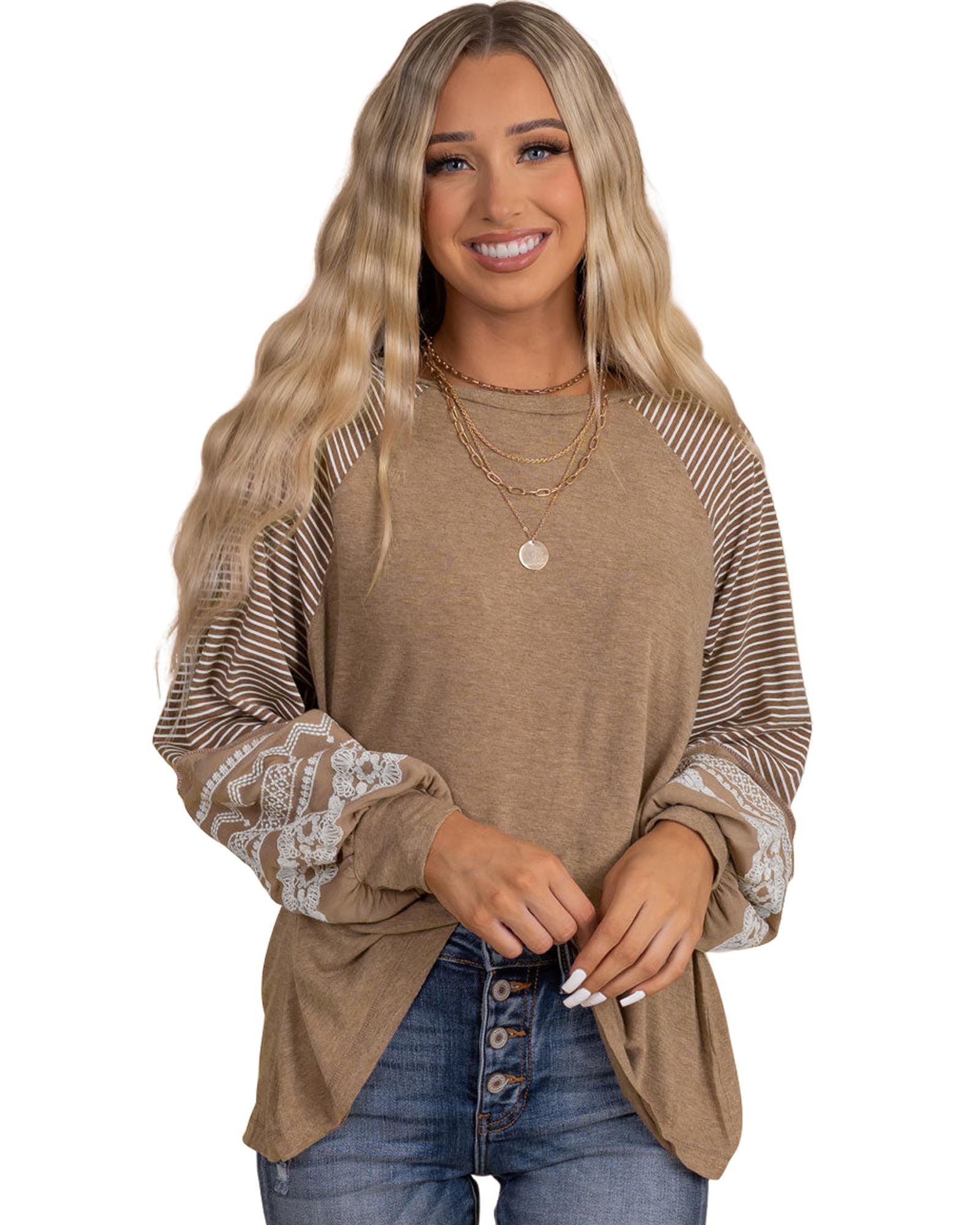 V539-AZEXDC25123991-P4016-S-202508271705-00 Light French Beige Floral Striped Patchwork Loose Long Sleeve Top - S - Image 1