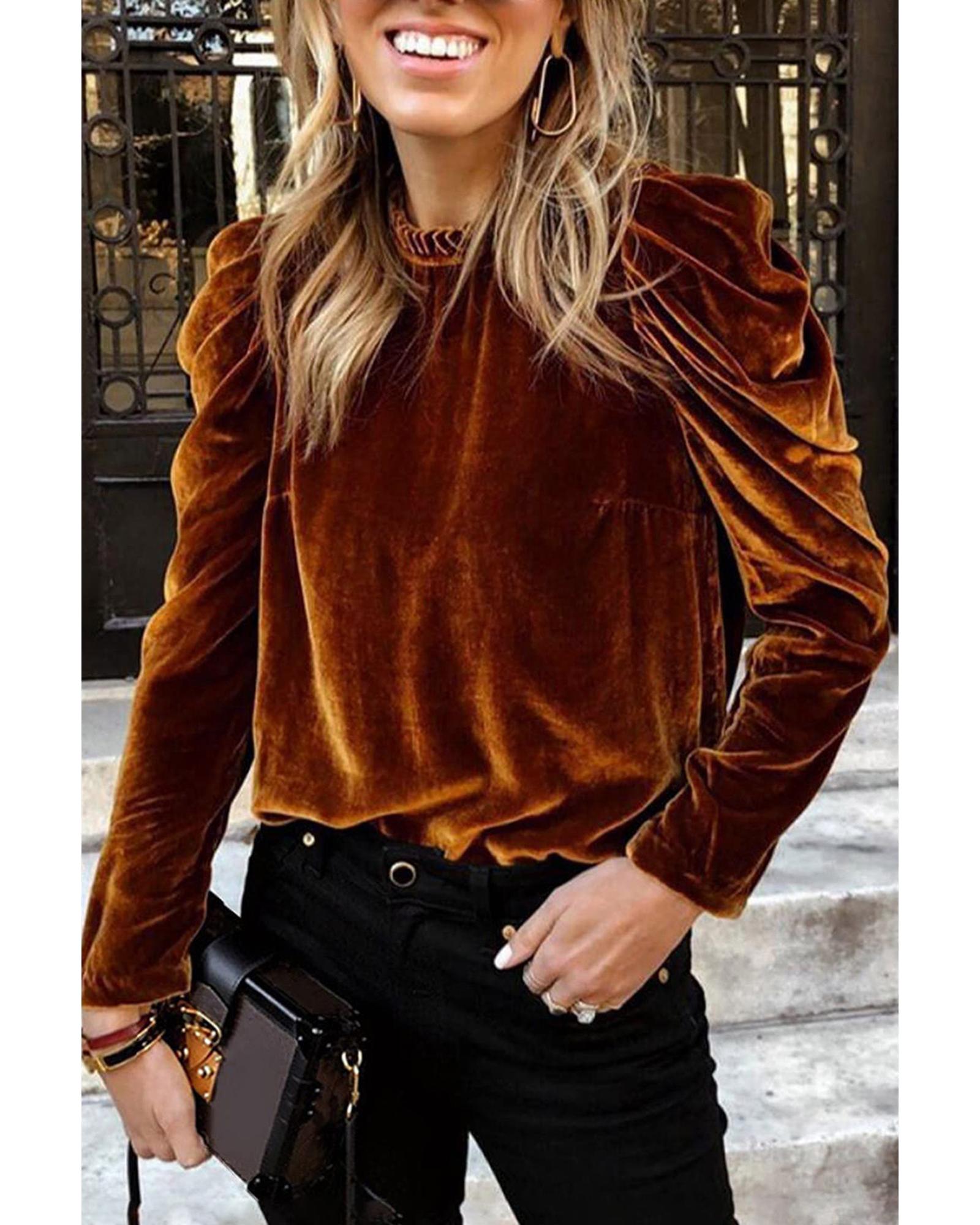 V539-AZEXDC25124200-P2017-L-202506111935-00 Chestnut Frilled Collar Puff Sleeve Velvet Top - L - Image 1