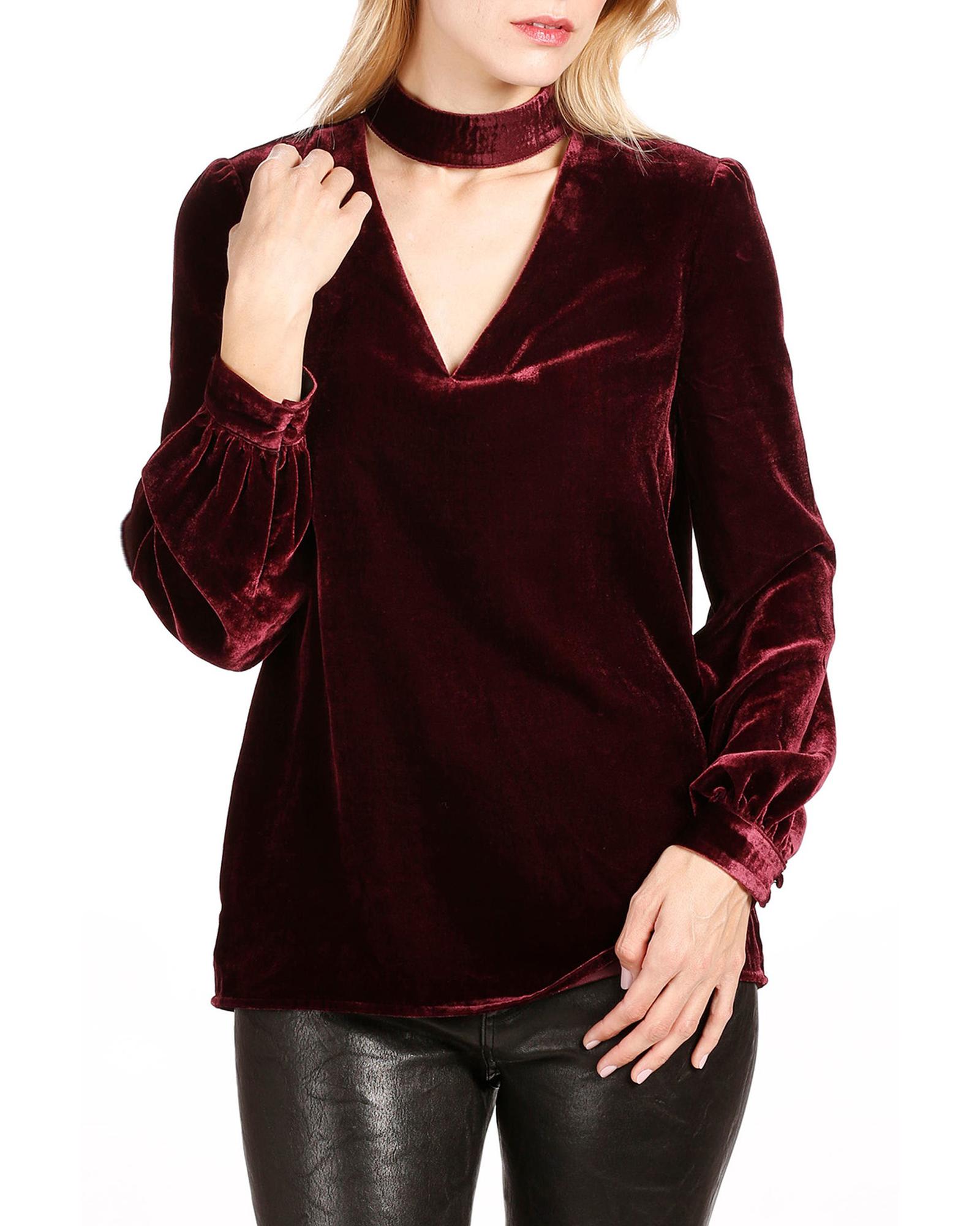 V539-AZEXDC25124203-P503-L-202508270255-00 Biking Red Choker Neck Hollow-out Velvet Blouse - L - Image 1