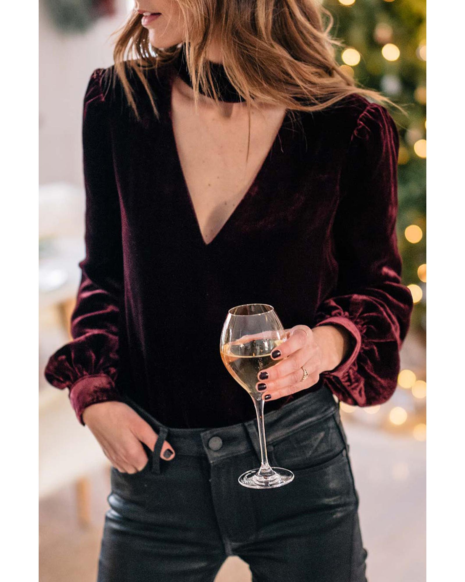 V539-AZEXDC25124203-P503-S-202506111941-00 Biking Red Choker Neck Hollow-out Velvet Blouse - S - Image 1