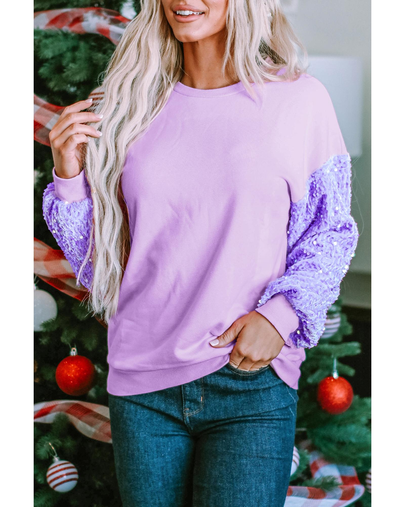V539-AZEXDC25124364-P708-S-202506112017-00 Orchid Petal Sequin Patchwork Long Sleeve Pullover Top - S - Image 1