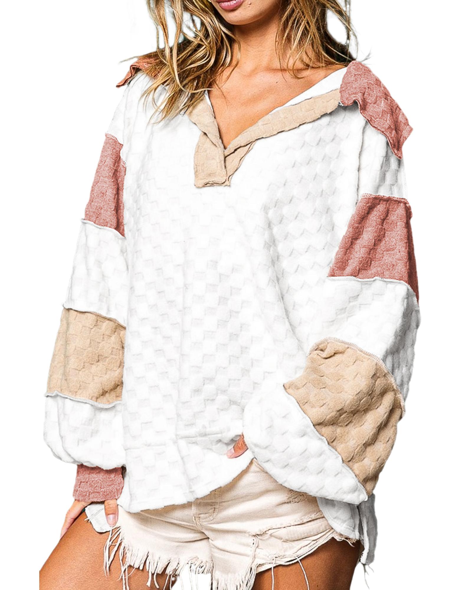 V539-AZEXDC25124502-P1-L-202506112035-00 White Plaid Patchwork Exposed Seam V Neck Loose Blouse - L - Image 1