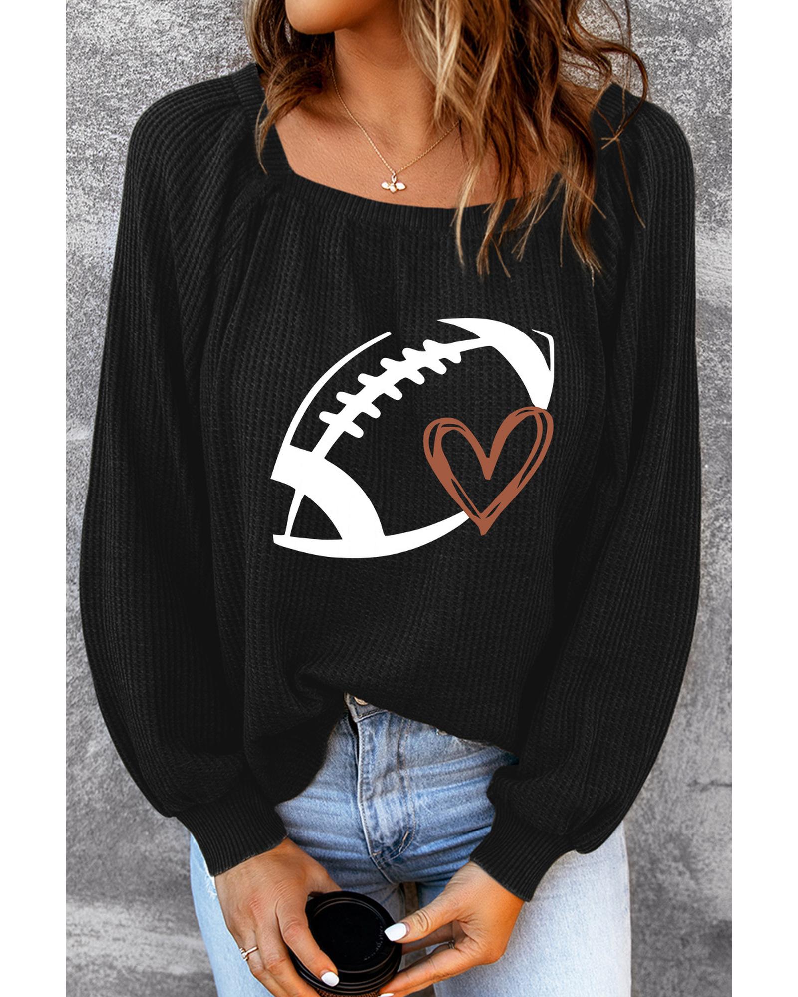V539-AZEXDC25124615-2-L-202508270835-00 Black Rugby Football Print Square Neck Puff Sleeve Waffle Top - L - Image 1