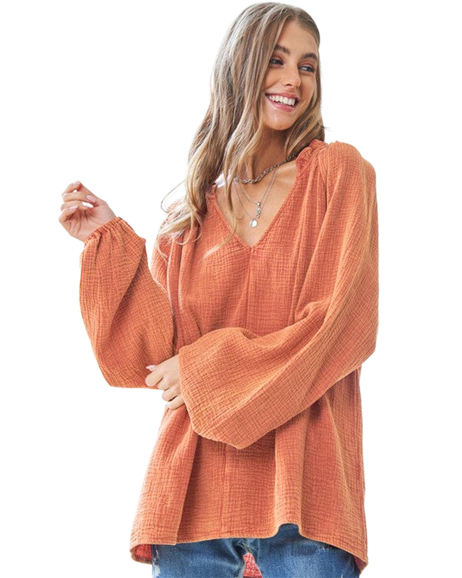 V539-AZEXDC25124711-P14-L-202506112117-00 Orange Crinkle Textured Frill Split Neck Puff Sleeve Blouse - L - Image 1