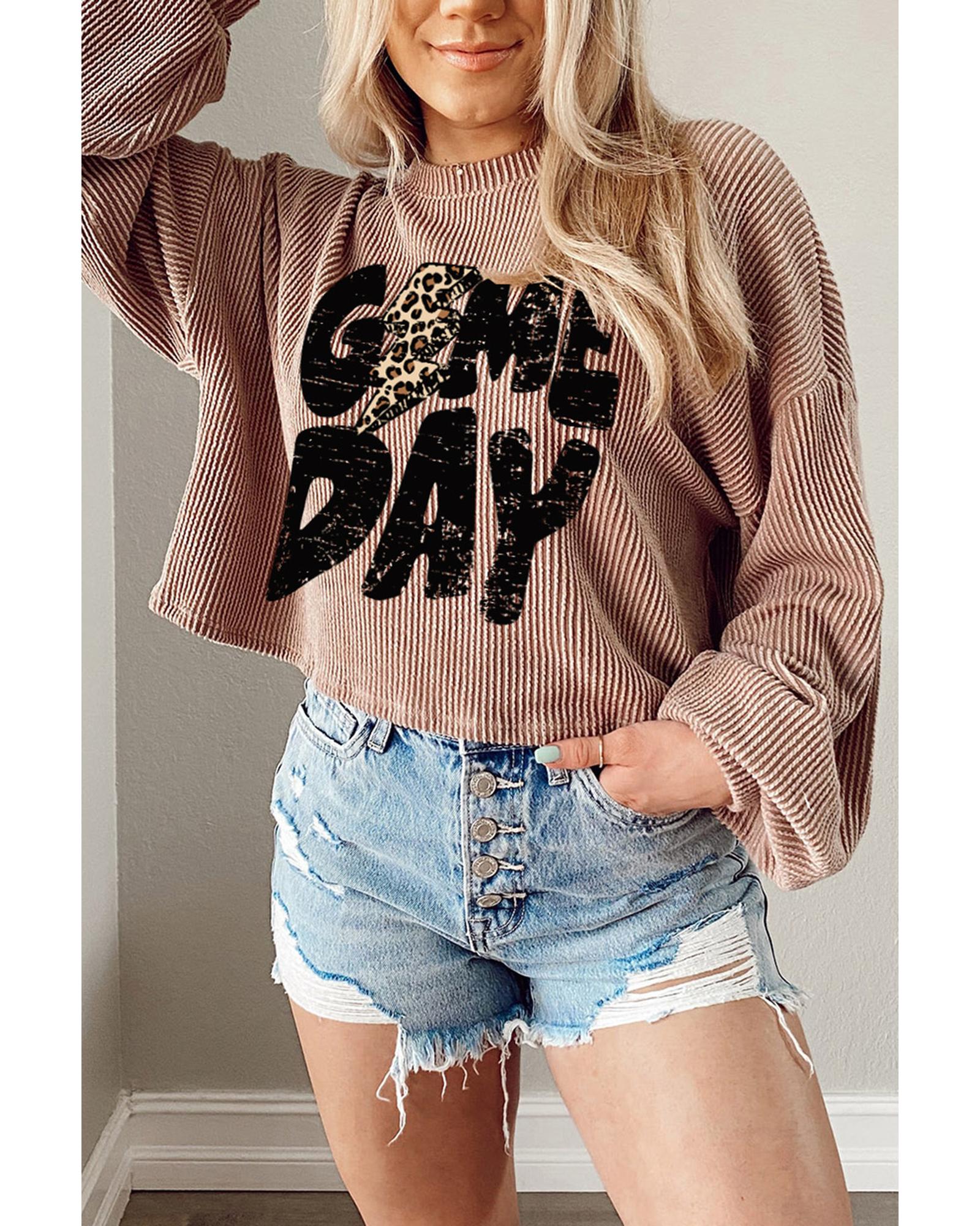 V539-AZEXDC25124891-16-L-202508271425-00 Khaki Game Day Graphic Crop Rugby Football Corded Knit Top - L - Image 1