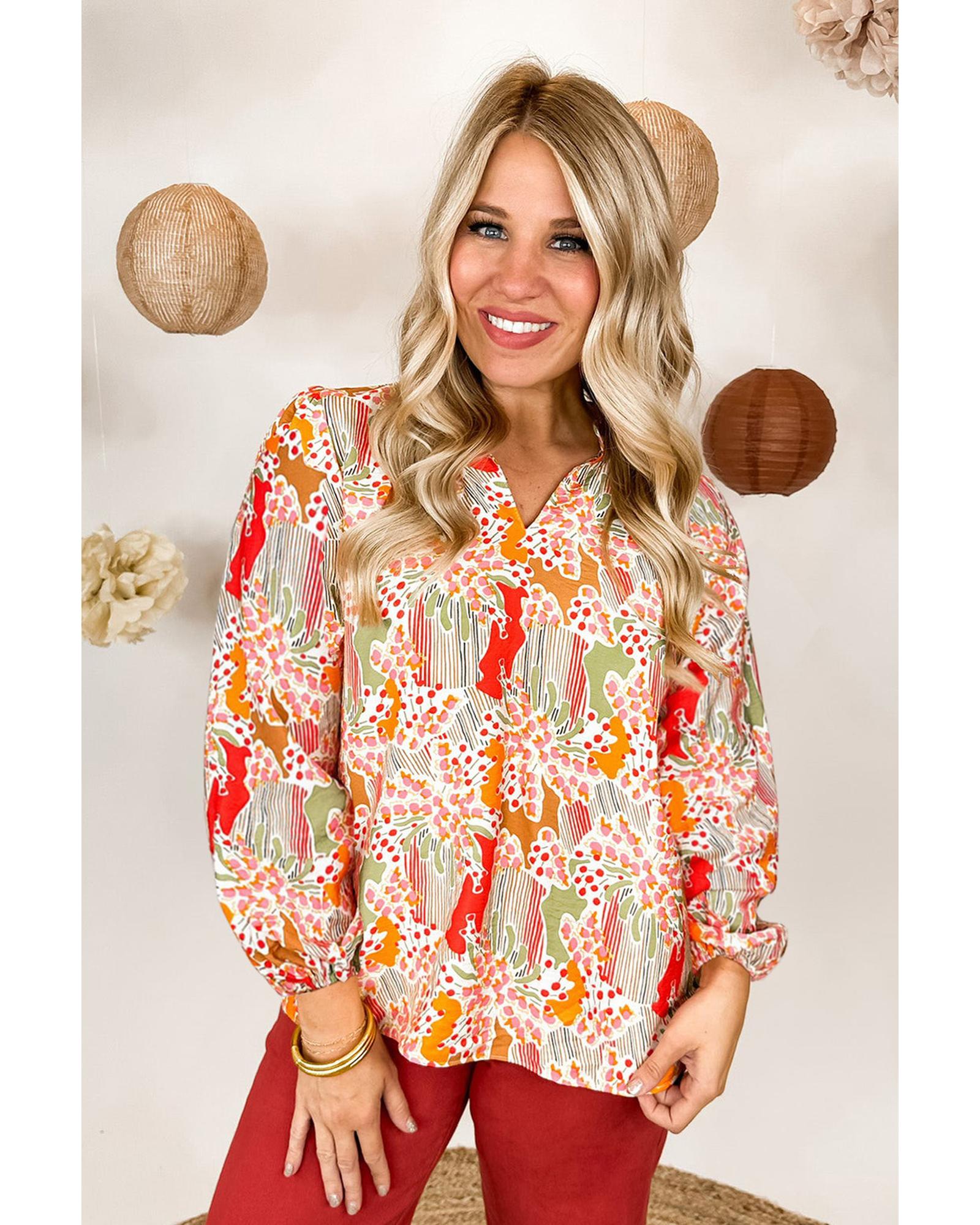 V539-AZEXDC25124919-P1420-S-202508271945-00 Orange Printed Split V Neck Puff Sleeve Blouse - S - Image 1
