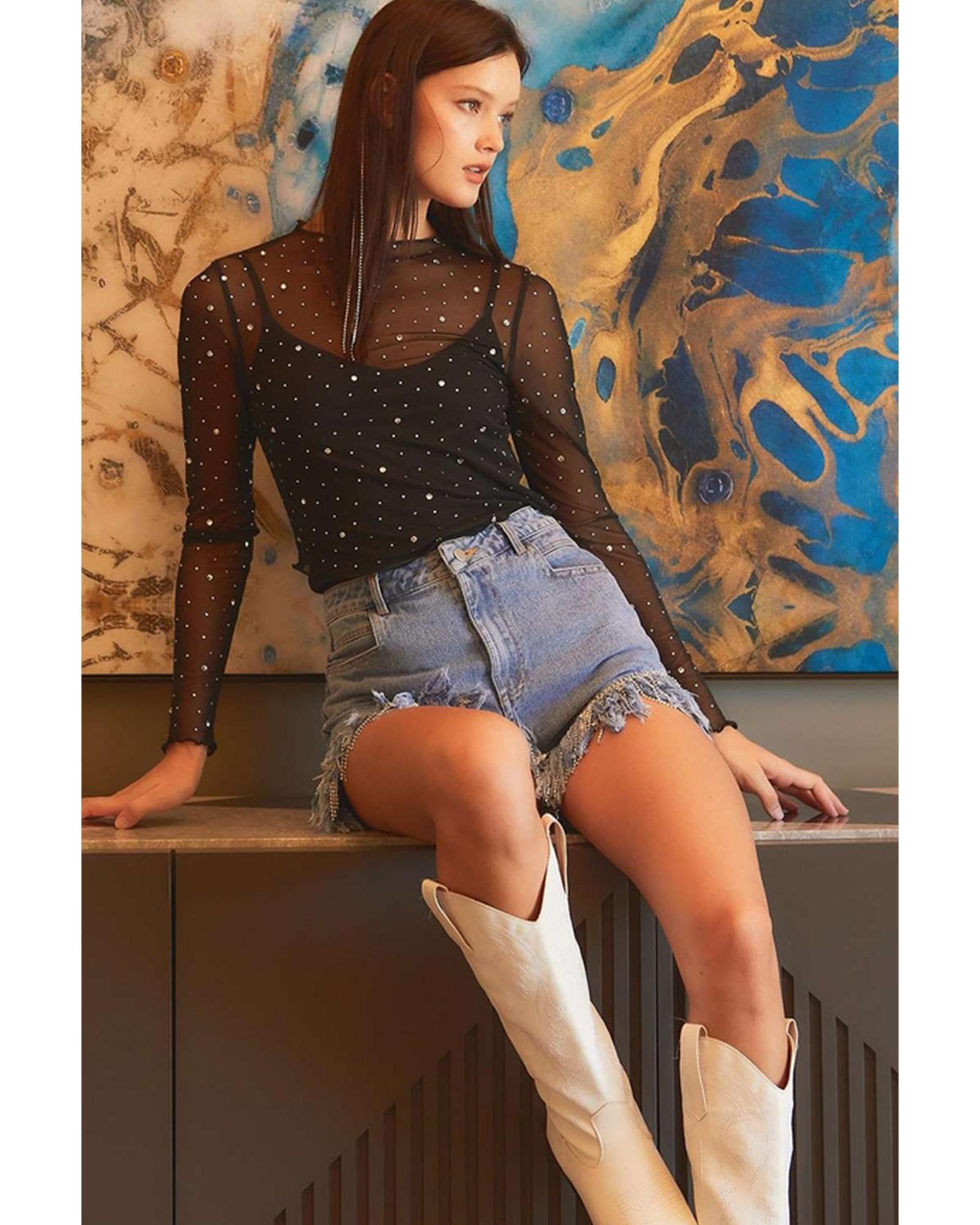 V539-AZEXDC25125092-P2-L-202508270435-00 Black Rhinestone Sheer Mesh Slim Fit Long Sleeve Top - L - Image 1