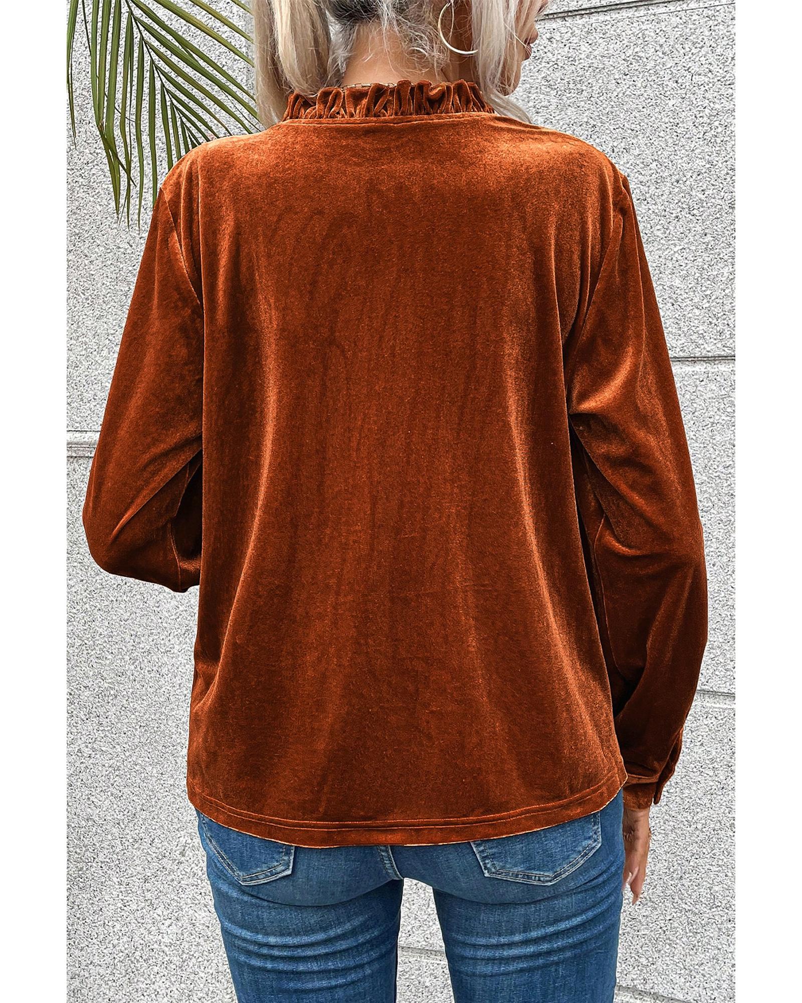 V539-AZEXDC25125096-P5014-M-202508270850-00 Gold Flame Frilled Collar Velvet Shirt - M - Image 1