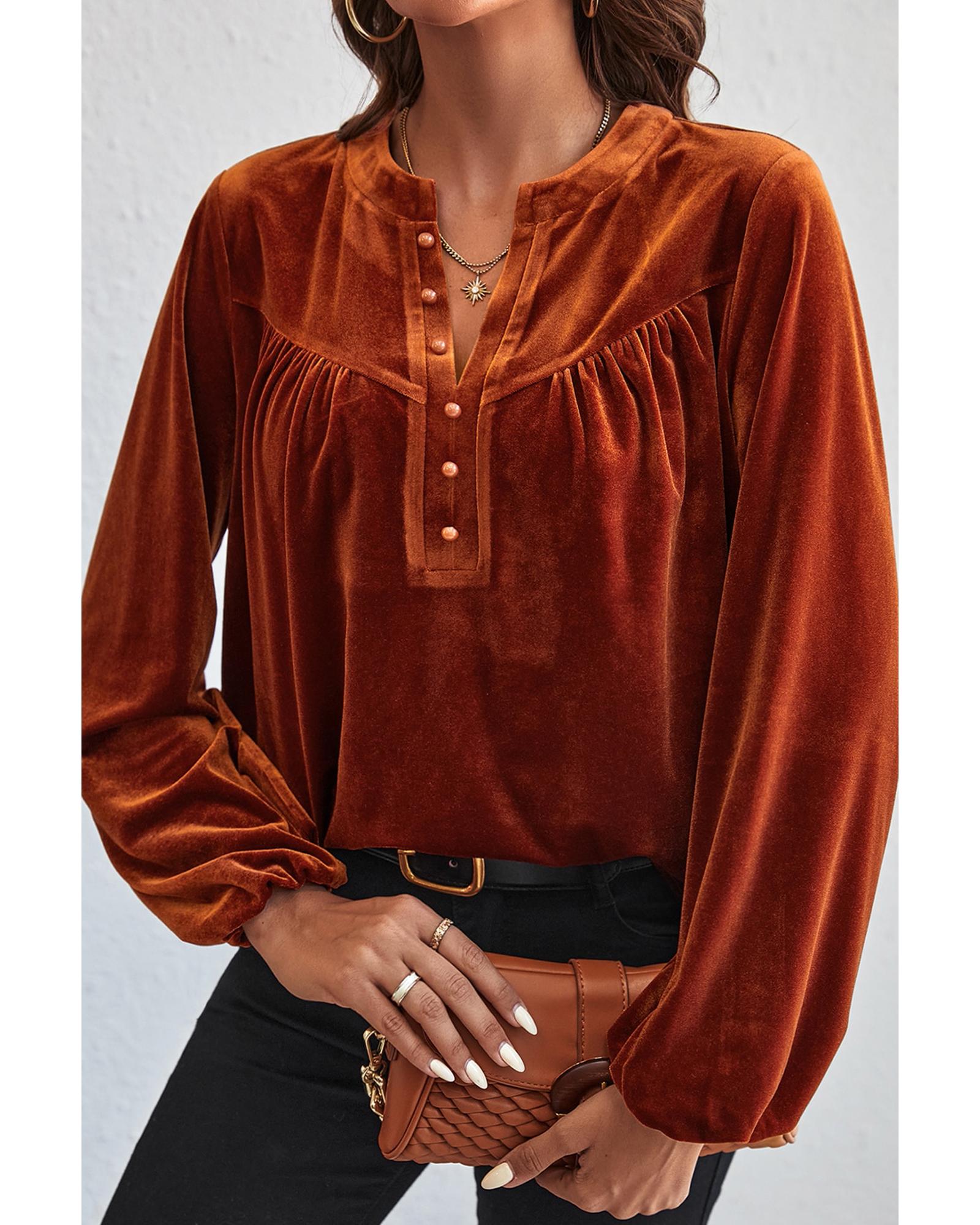 V539-AZEXDC25125101-P5014-XL-202508271905-00 Gold Flame Lantern Sleeve Beaded Split V Neck Velvet Top - XL - Image 1