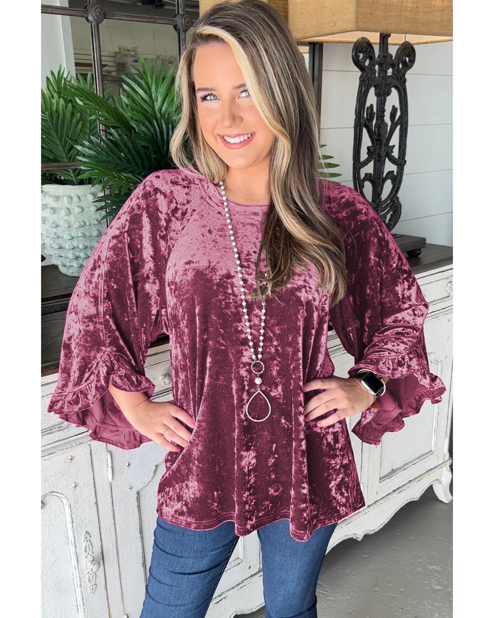 V539-AZEXDC25125347-P403-S-202506112220-00 Red Dahlia Velvet Pagoda Sleeve Crew Neck Top - S - Image 1
