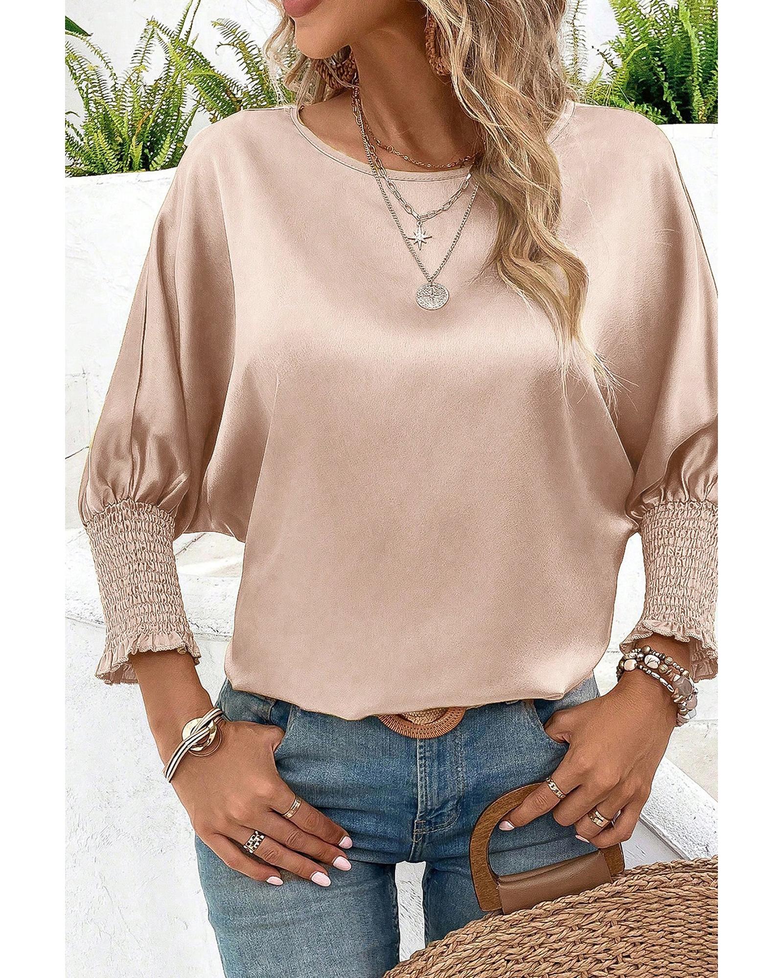 V539-AZEXDC25125503-P7016-M-202508271725-00 Smoke Gray Shirred Dolman Sleeve Satin Blouse - M - Image 1