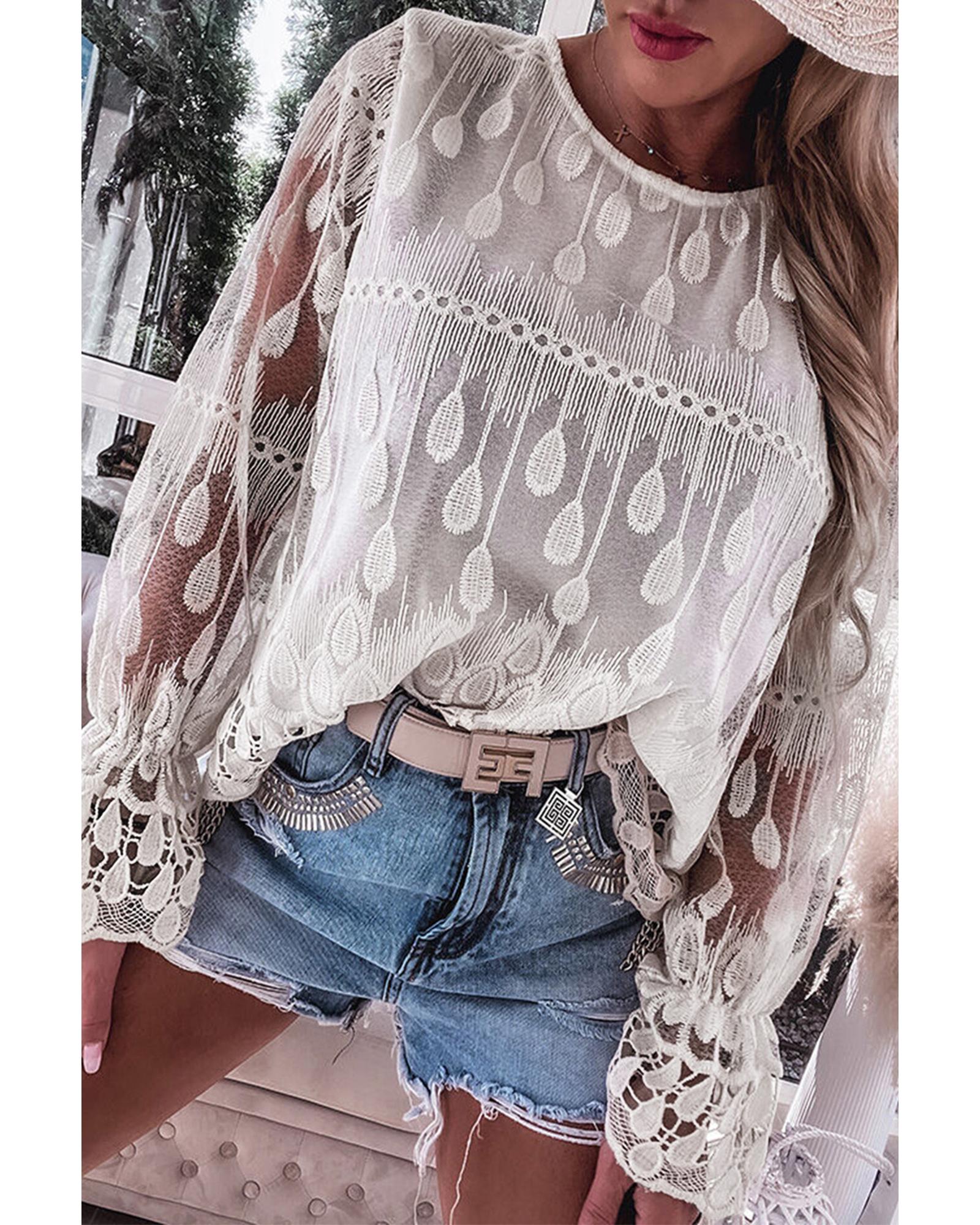 V539-AZEXDC25125816-P15-L-202508271640-00 Beige Embroidered Mesh Flounce Sleeve Blouse - L - Image 1