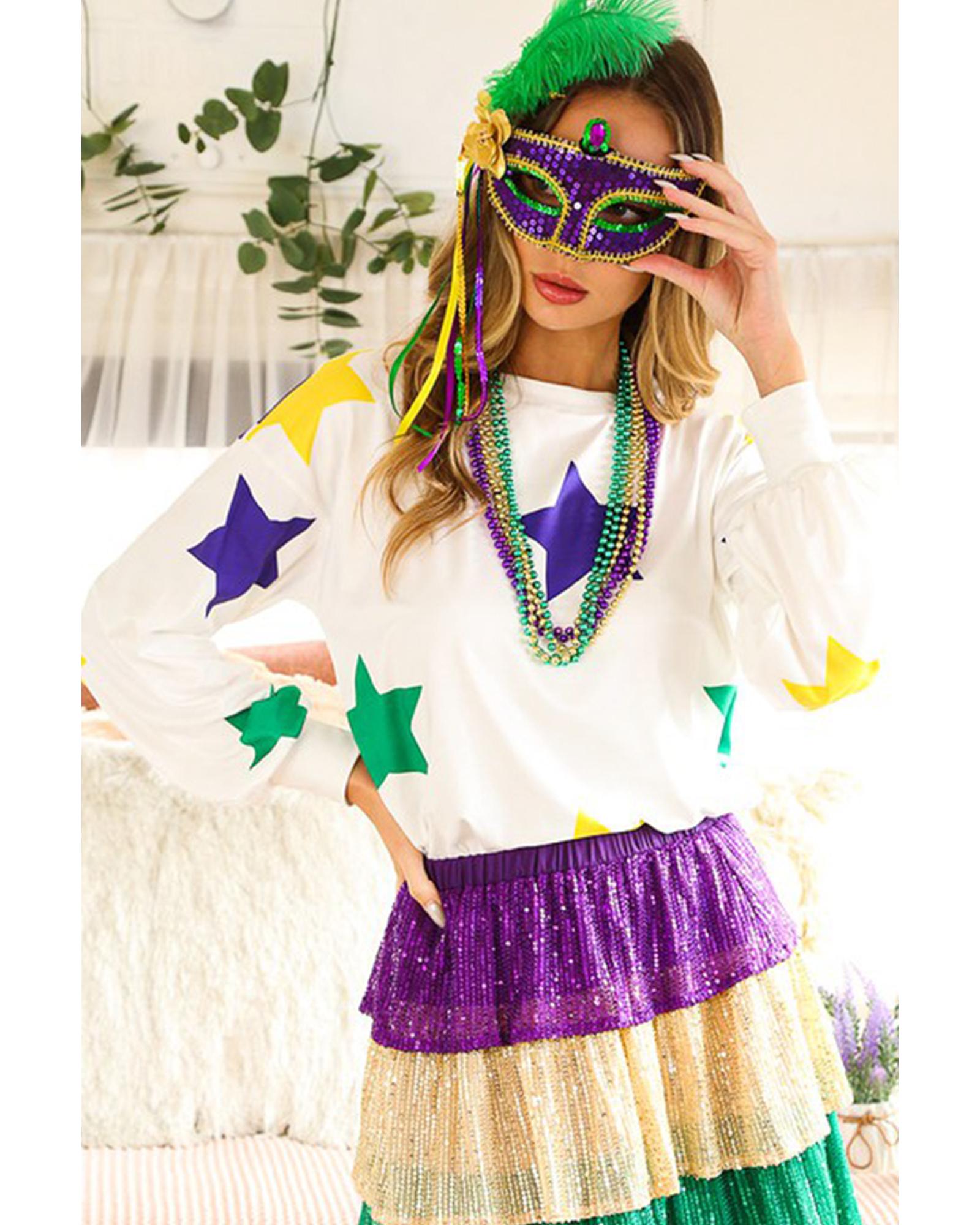 V539-AZEXDC25125870-P1-M-202508270515-00 White Mardi Gras Star Printed Long Sleeve Top - M - Image 1