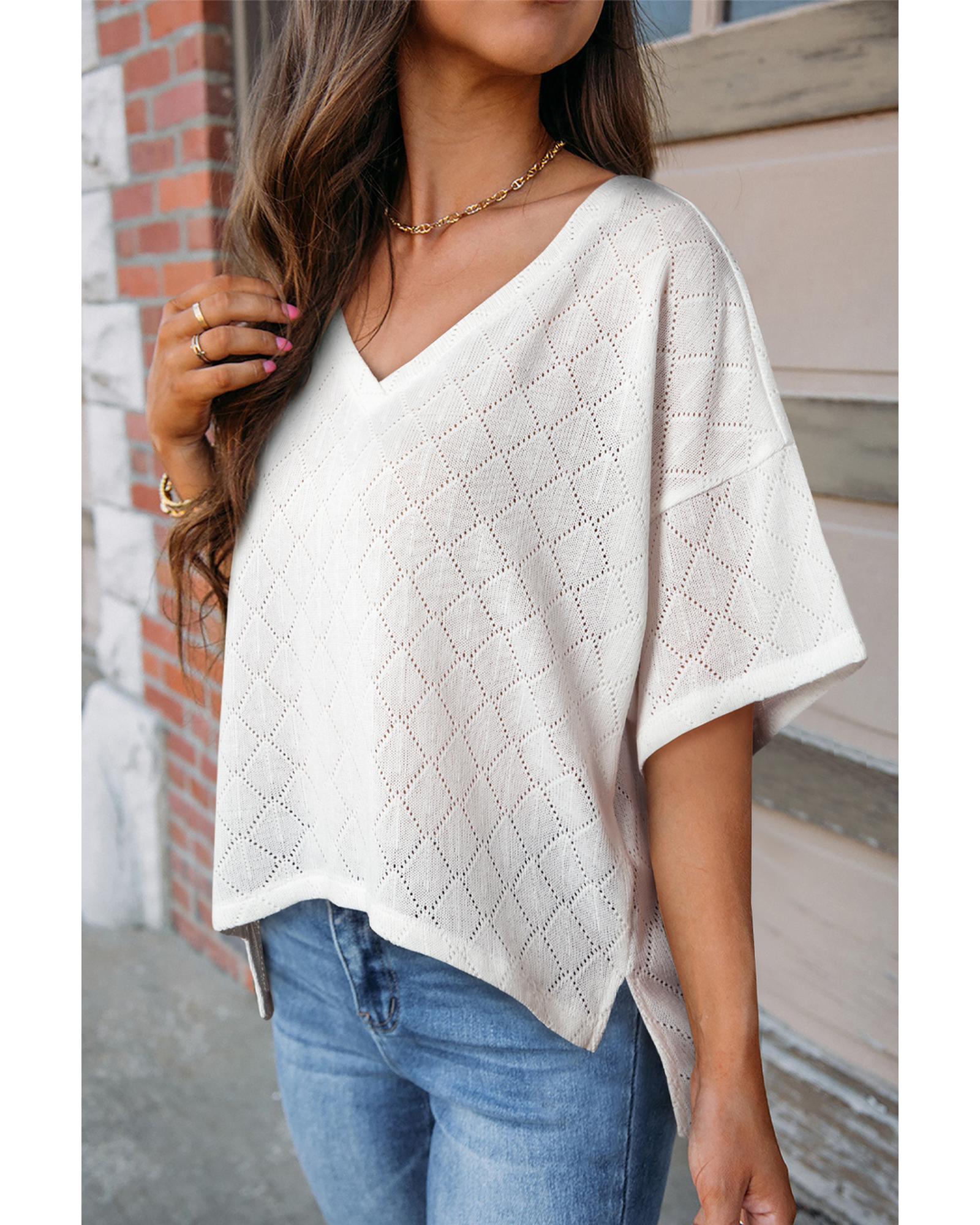 V539-AZEXDC25125917-P1-XL-202508271835-00 White V Neck Knitted Flowy Blouse - XL - Image 1