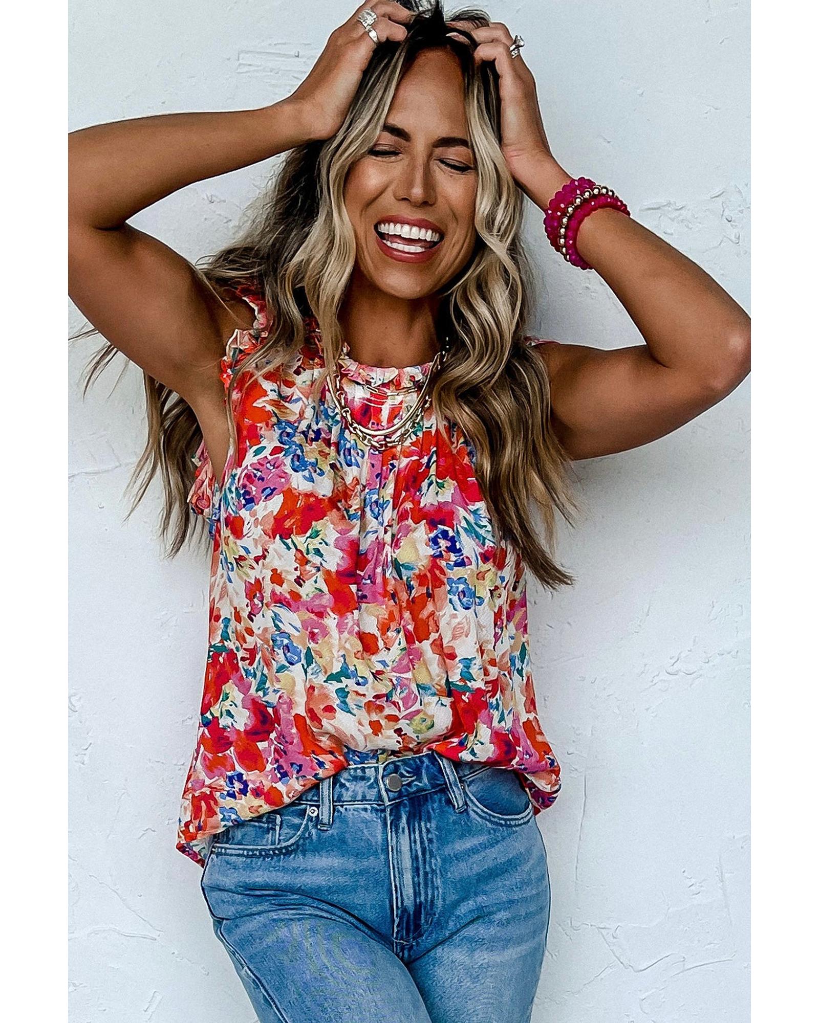 V539-AZEXDC25125925-P322-XL-202508270800-00 Red Frilled Neck Pleated Boho Floral Tank Top - XL - Image 1