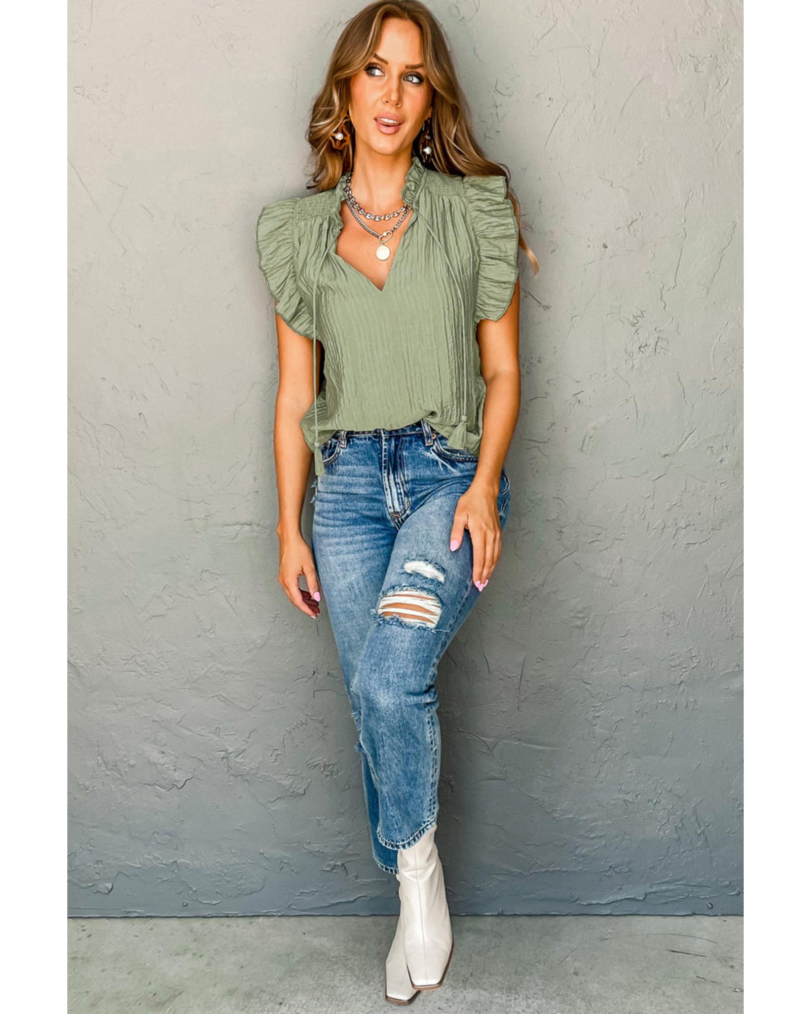 V539-AZEXDC25125934-P2009-L-202508270950-00 Meadow Mist Green V Neck Flutter Sleeve Textured Blouse - L - Image 1