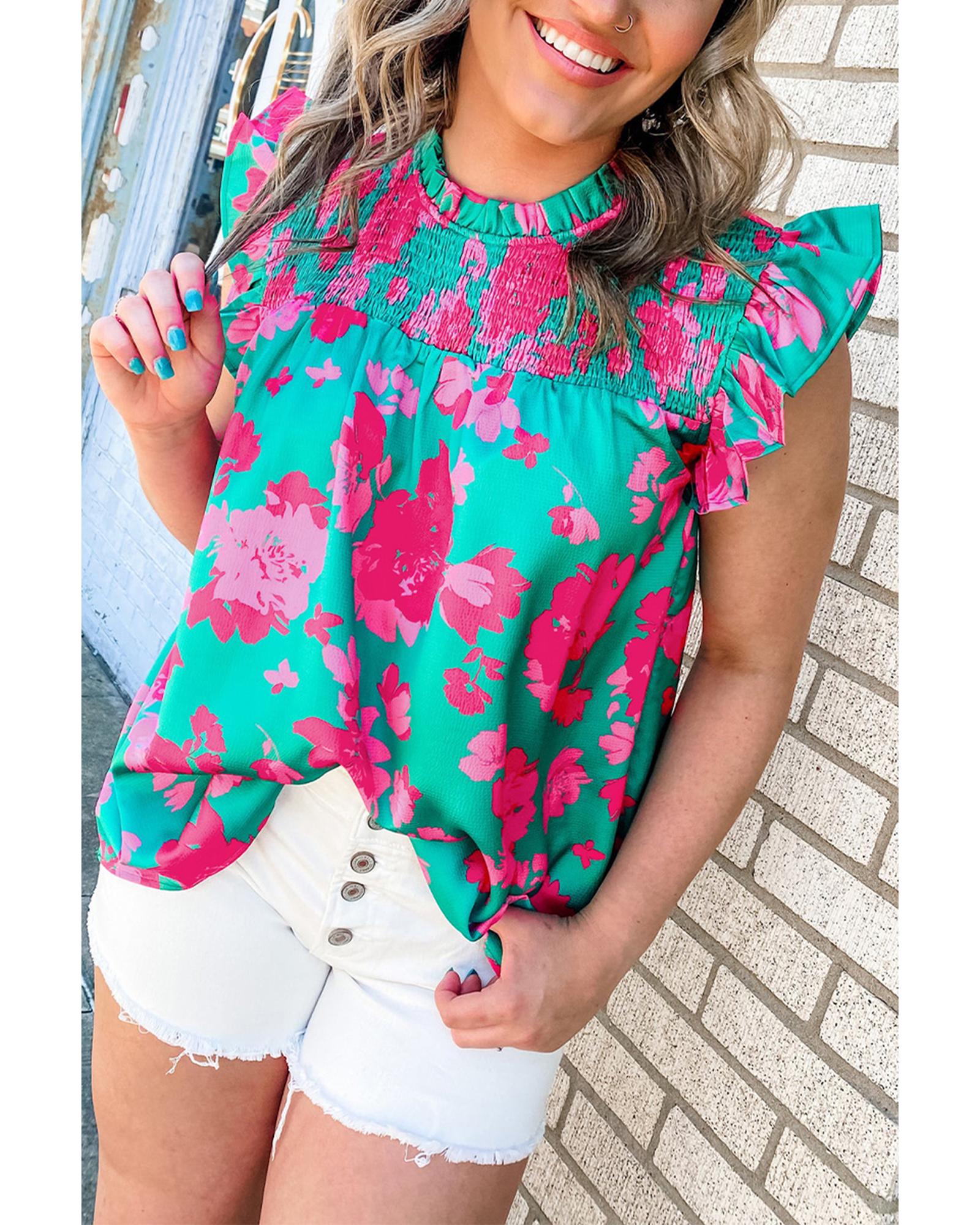 V539-AZEXDC25125989-P920-S-202506112346-00 Green Floral Ruffled Flutter Sleeve Ruched Blouse - S - Image 1