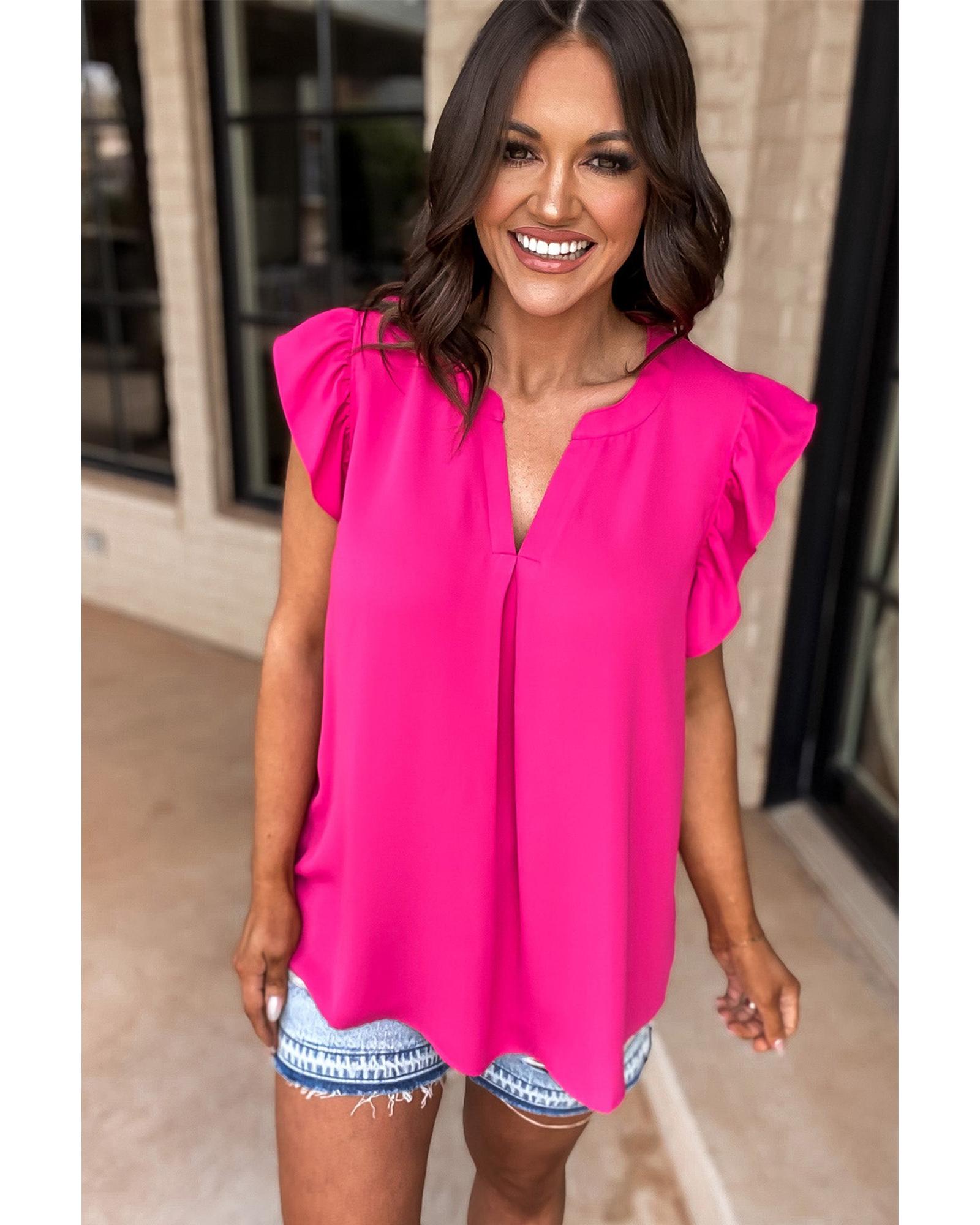 V539-AZEXDC25126116-P6-S-202506120016-00 Rose Red Notched Neck Ruffle Sleeve Blouse - S - Image 1