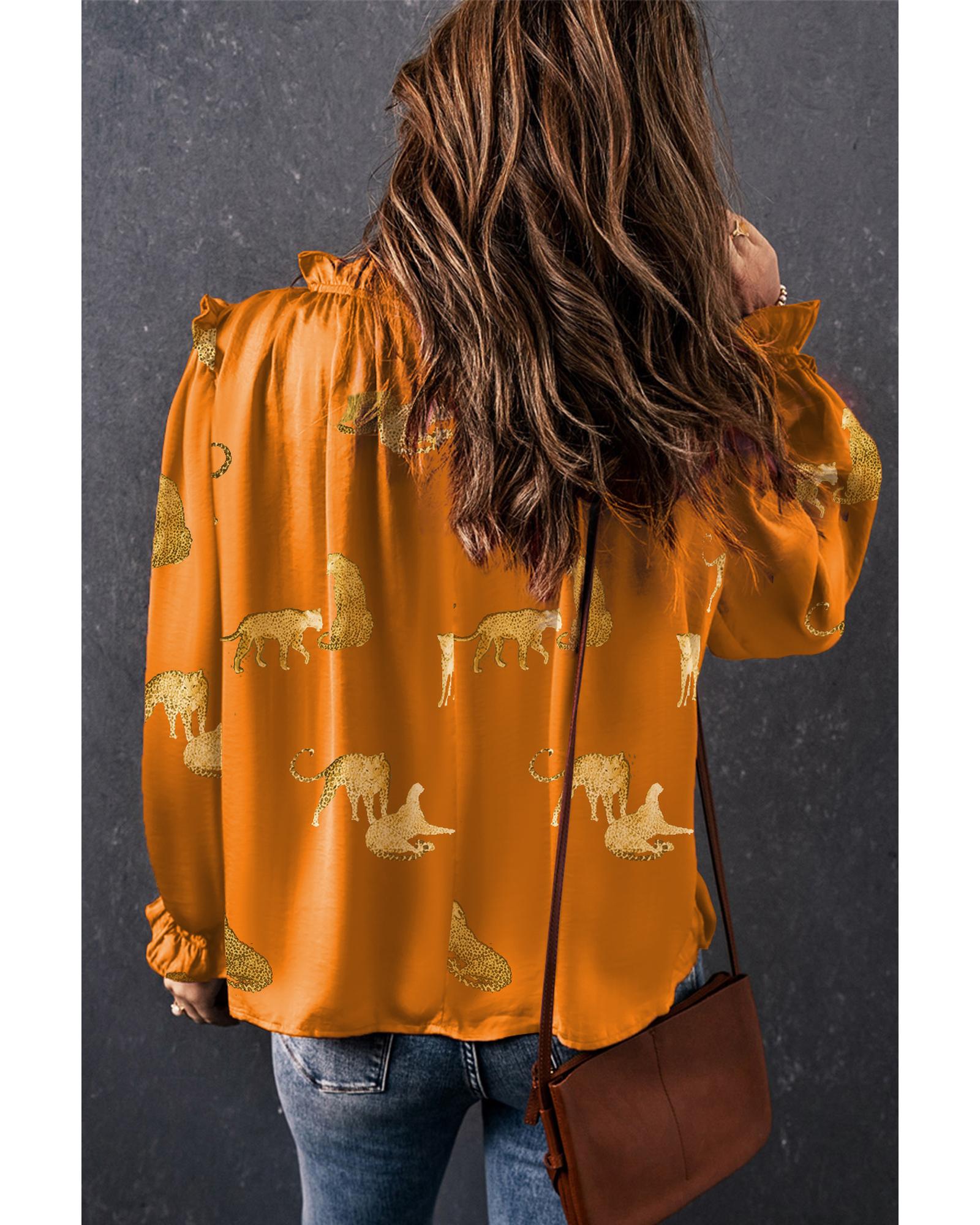 V539-AZEXDC25126228-P1420-M-202508271110-00 Orange Cheetah Printed Ruffled Sleeve Blouse - M - Image 1