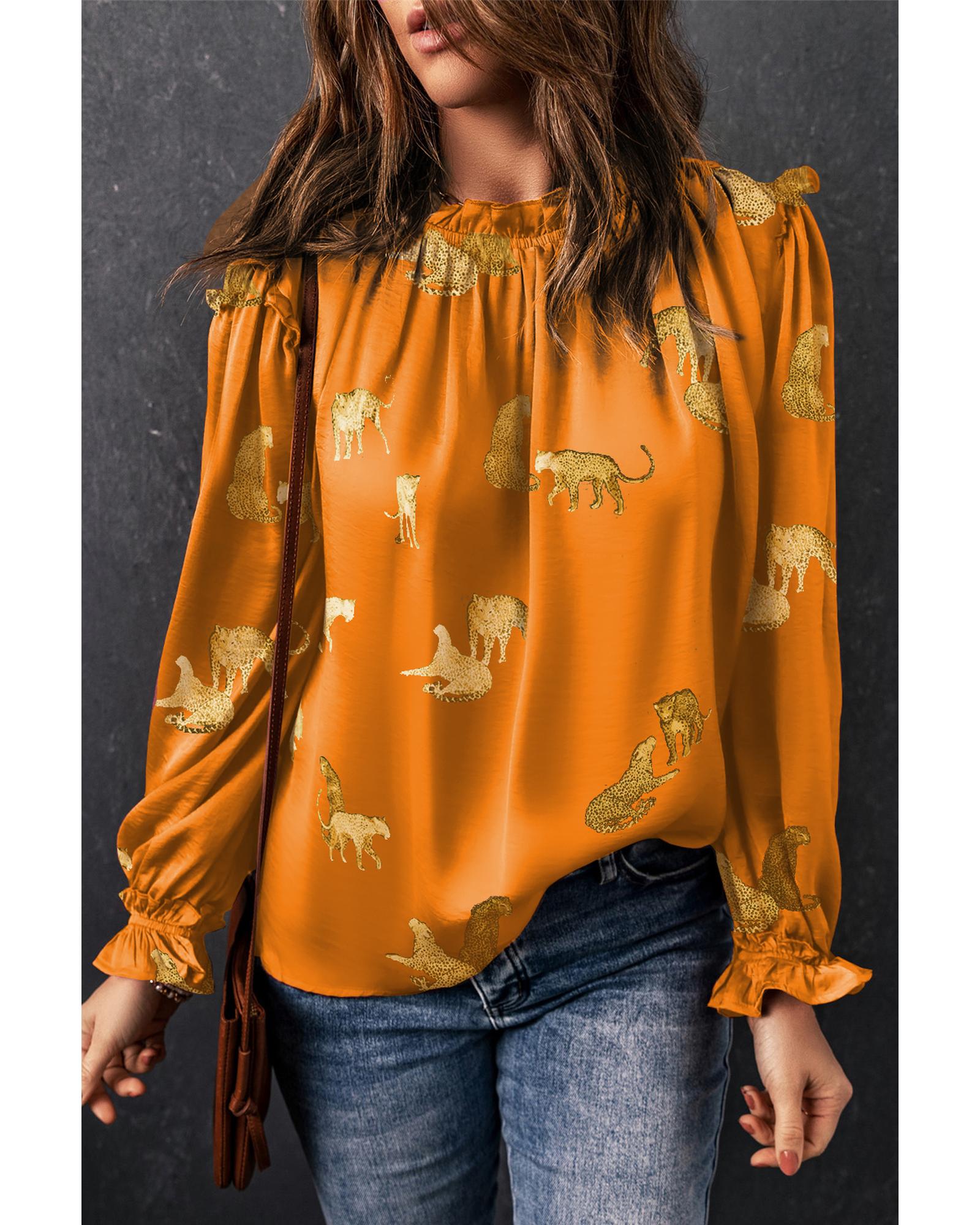 V539-AZEXDC25126228-P1420-S-202506120112-00 Orange Cheetah Printed Ruffled Sleeve Blouse - S - Image 1