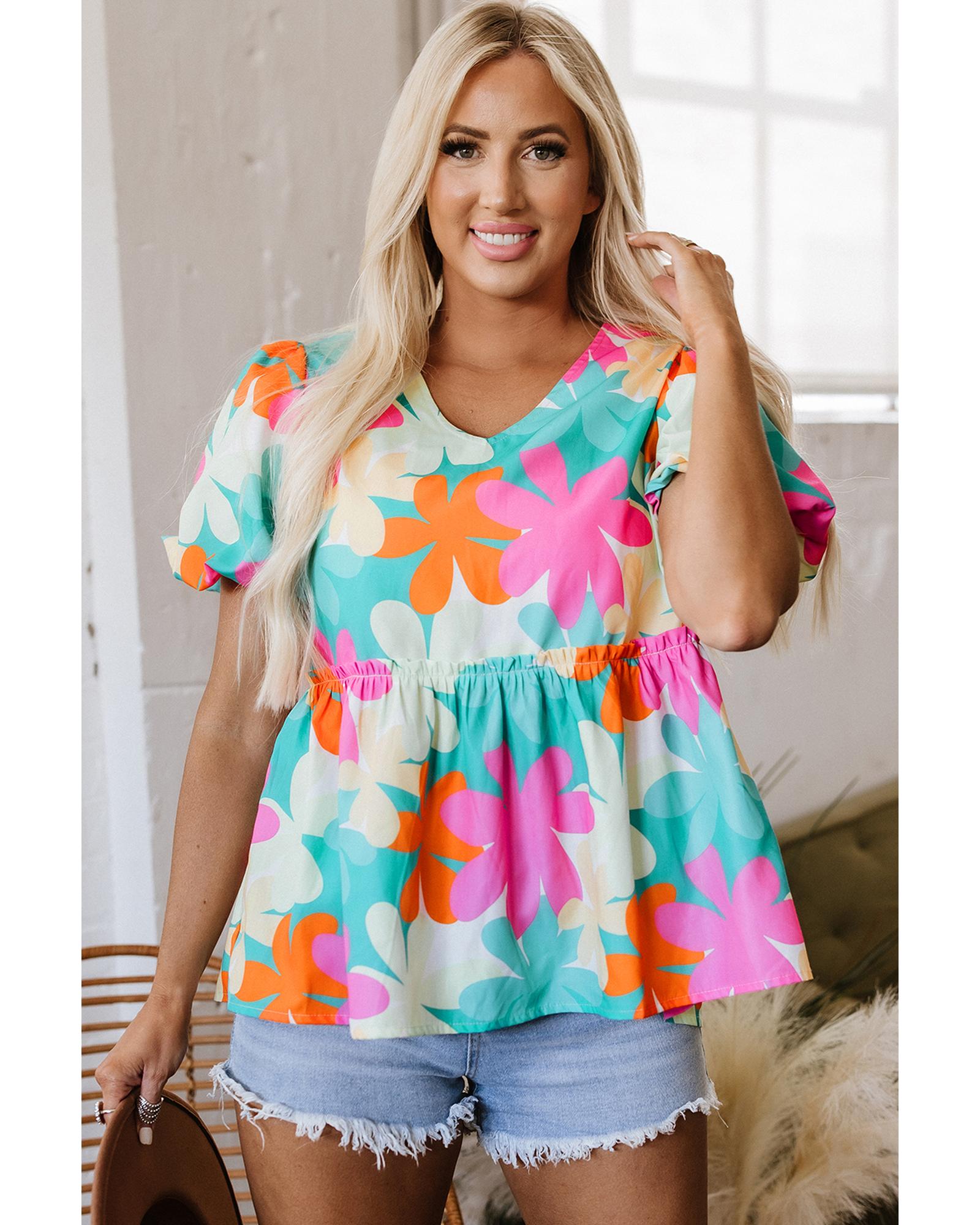 V539-AZEXDC25126253-P1020-L-202508272045-00 Pink Floral Print Bubble Sleeve V Neck Peplum Blouse - L - Image 1