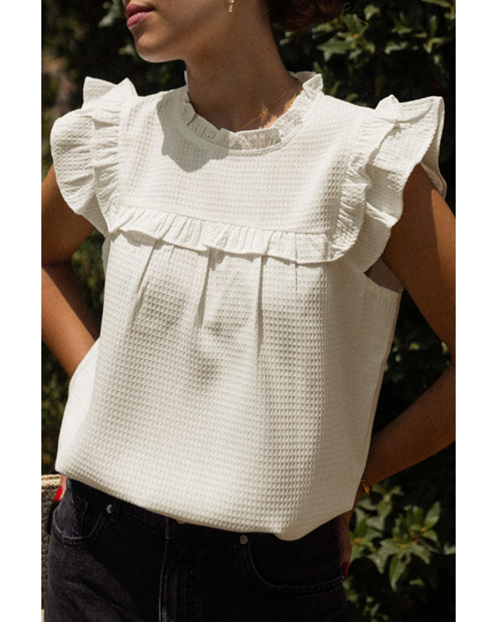 V539-AZEXDC25126313-P1-L-202508270800-00 White Solid Color Ruffle Trim Waffle Knit Blouse - L - Image 1