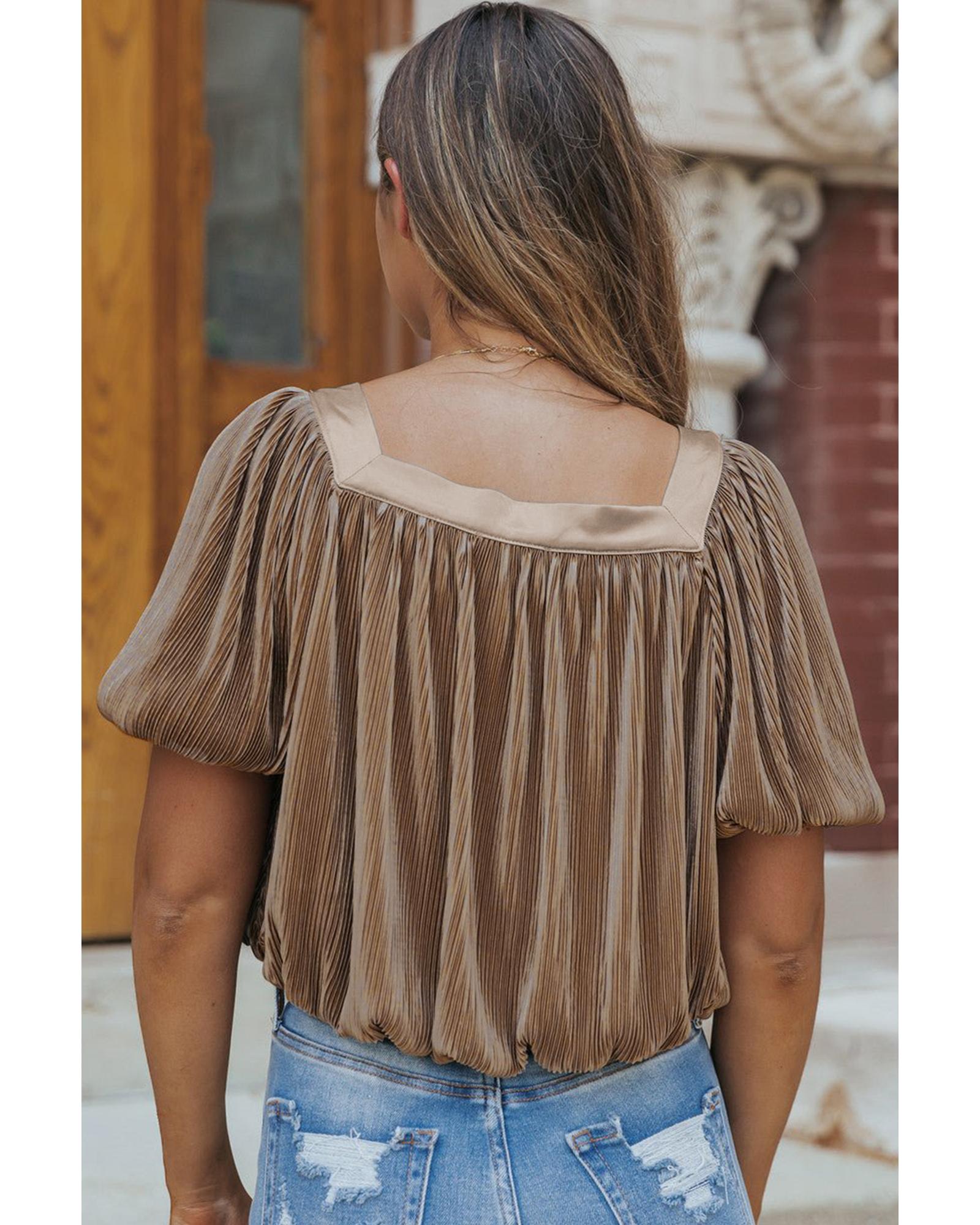 V539-AZEXDC25126446-P6017-XL-202508271320-00 Simply Taupe Pleated Puff Sleeve Square Neck Blouse - XL - Image 1