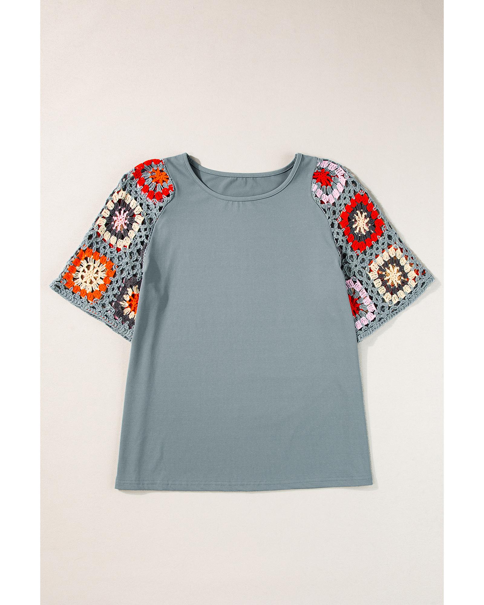 V539-AZEXDC25126585-P3011-S-202506120221-00 Medium Grey Floral Crochet Short Sleeve Top - S - Image 1