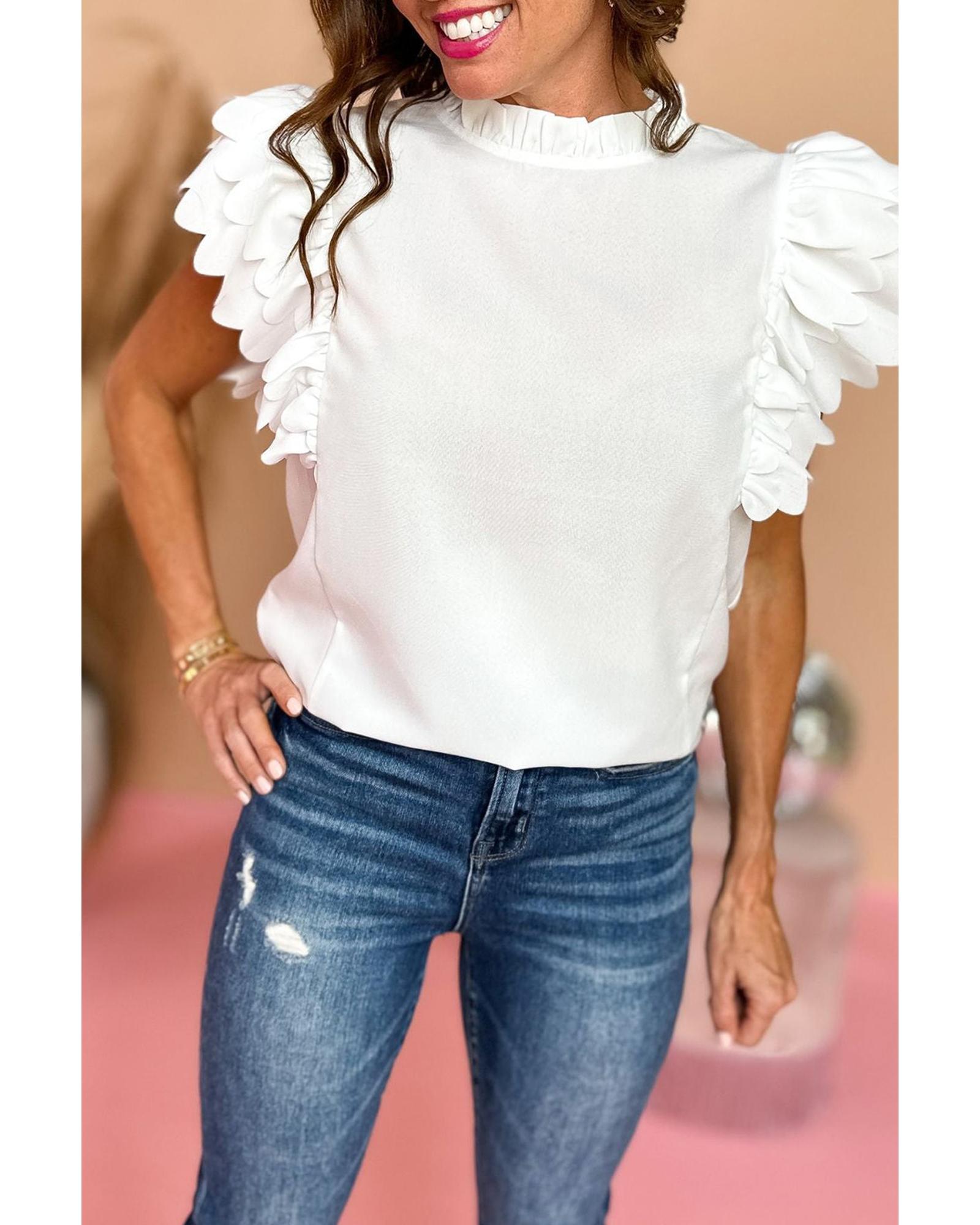 V539-AZEXDC25126676-P1-M-202508270515-00 White Solid Color Scalloped Ruffle Sleeve Top - M - Image 1