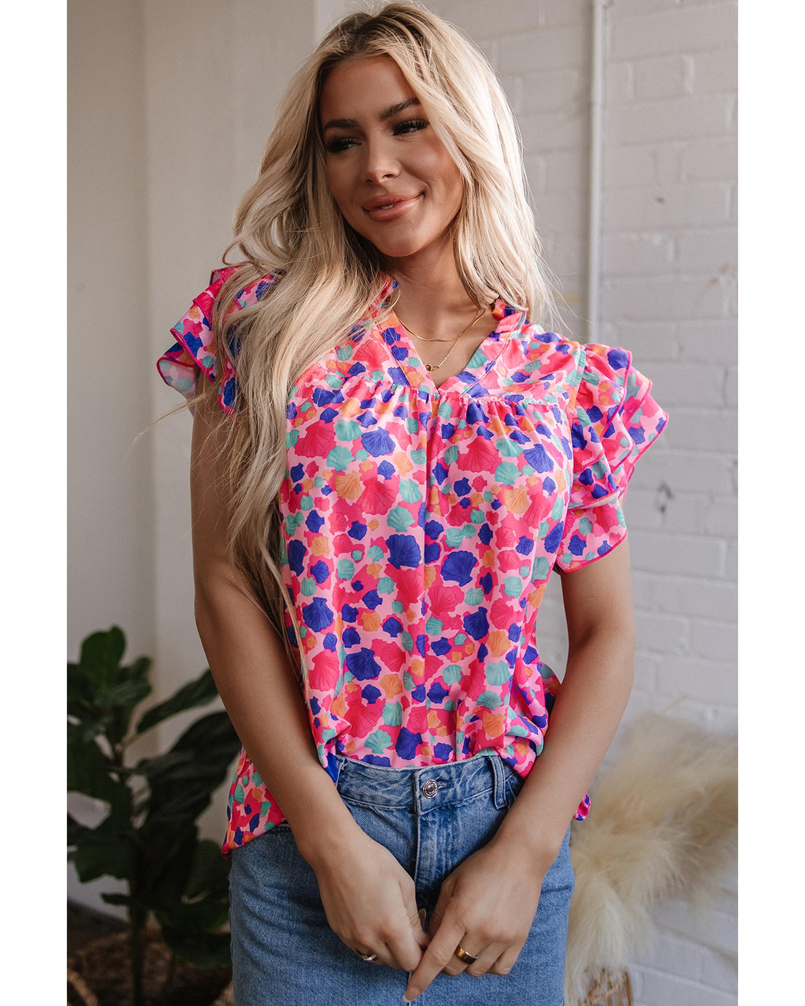 V539-AZEXDC25126678-P622-L-202508270745-00 Rose Red Abstract Print Ruffled Sleeve V Neck Blouse - L - Image 1