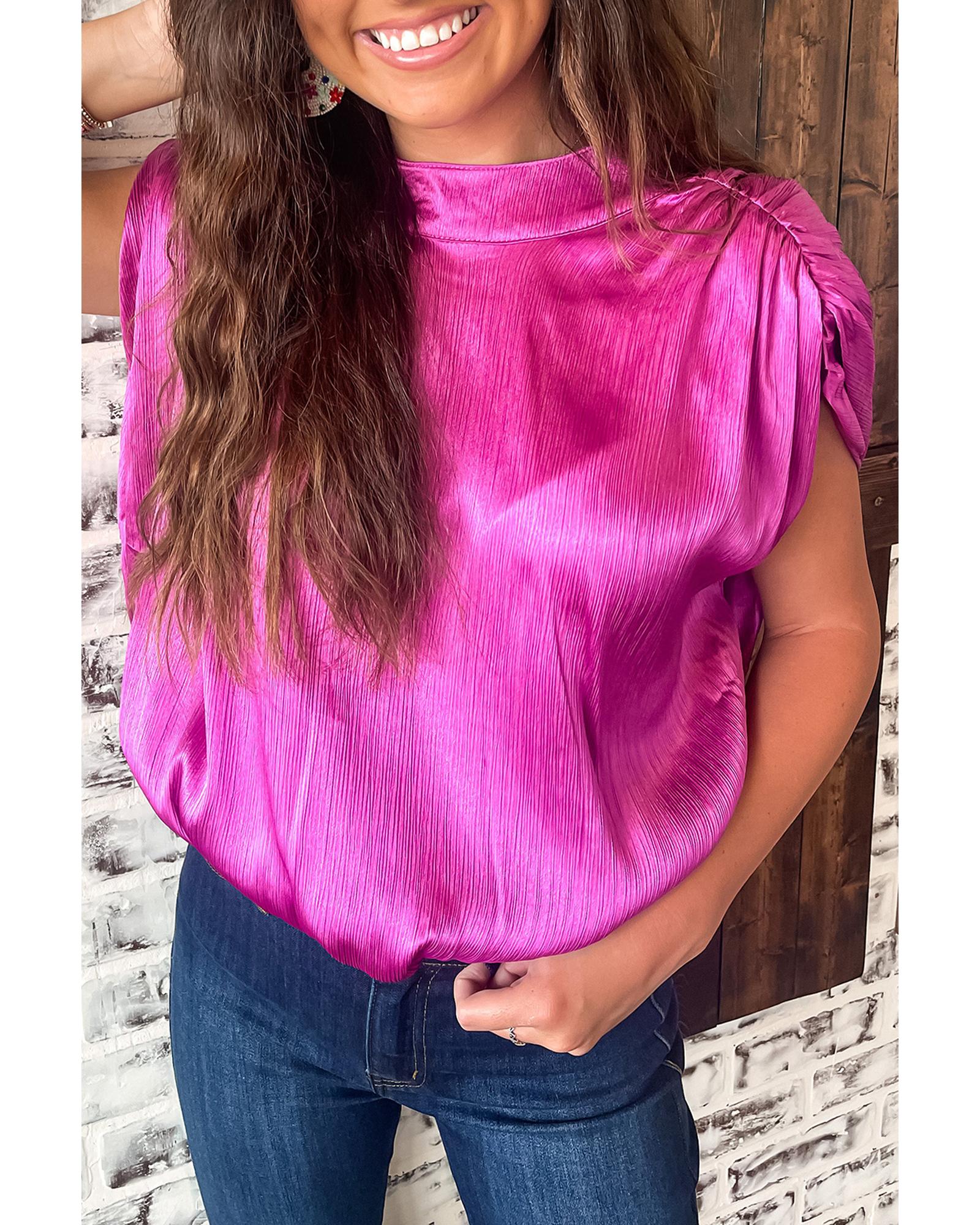 V539-AZEXDC25126790-P106-M-202506120307-00 Bright Pink Ruched Sleeves Knotted Backless Blouse - M - Image 1