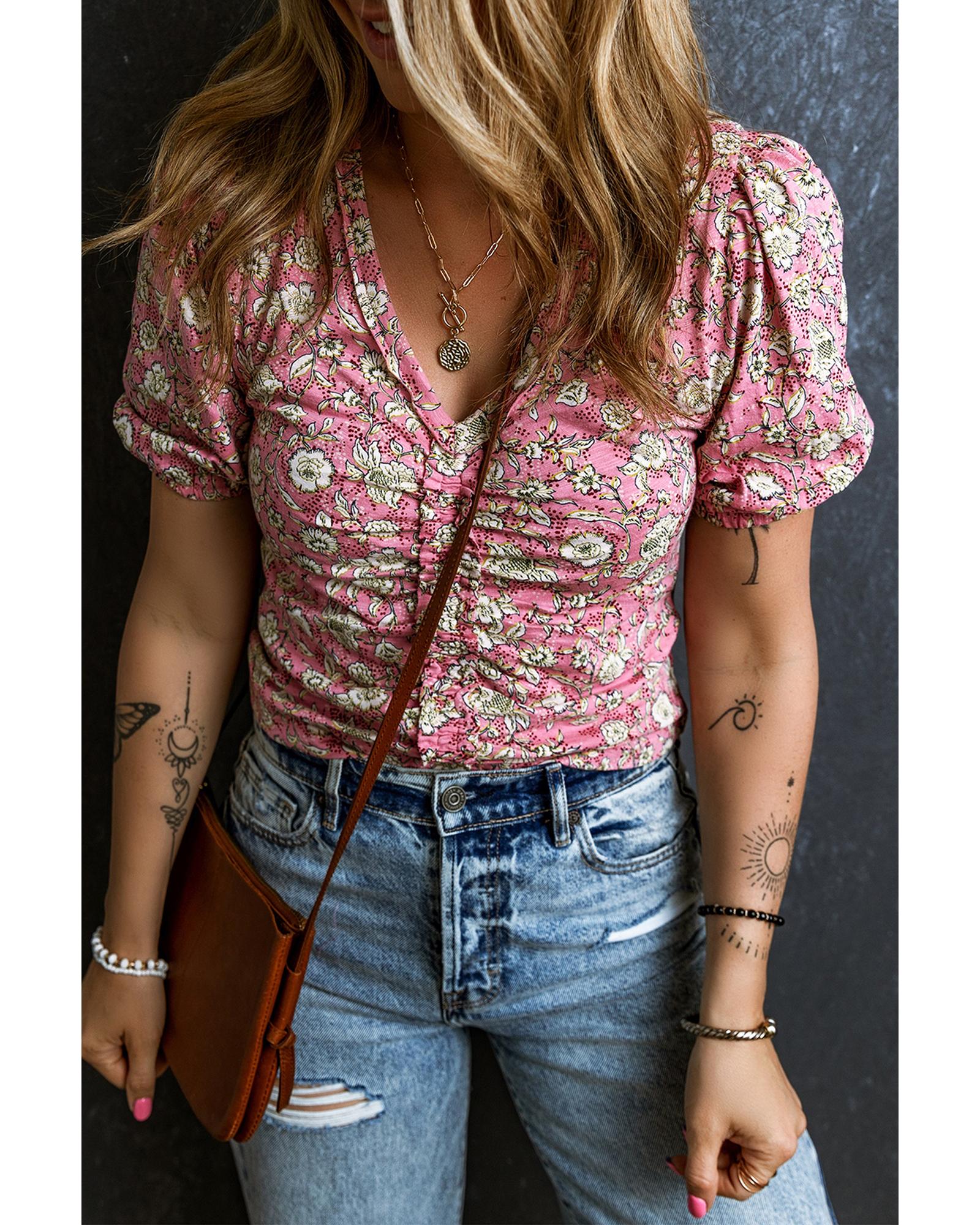 V539-AZEXDC25127101-P10-L-202508271905-00 Pink Floral Short Puff Sleeve V Neck Ruched Blouse - L - Image 1