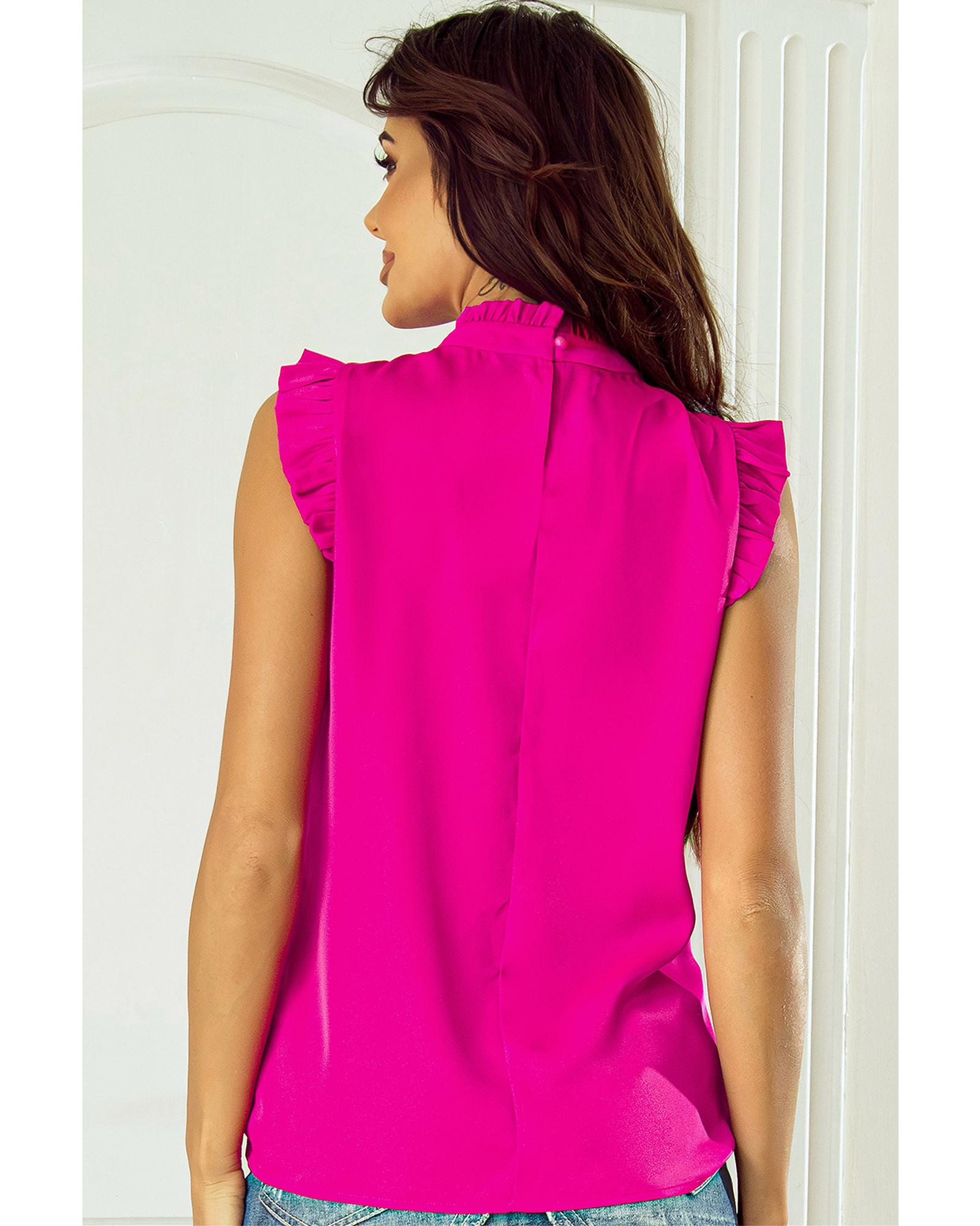 V539-AZEXDC25127211-P106-L-202508271220-00 Bright Pink Pleated Mock Neck Frilled Trim Sleeveless Top - L - Image 1