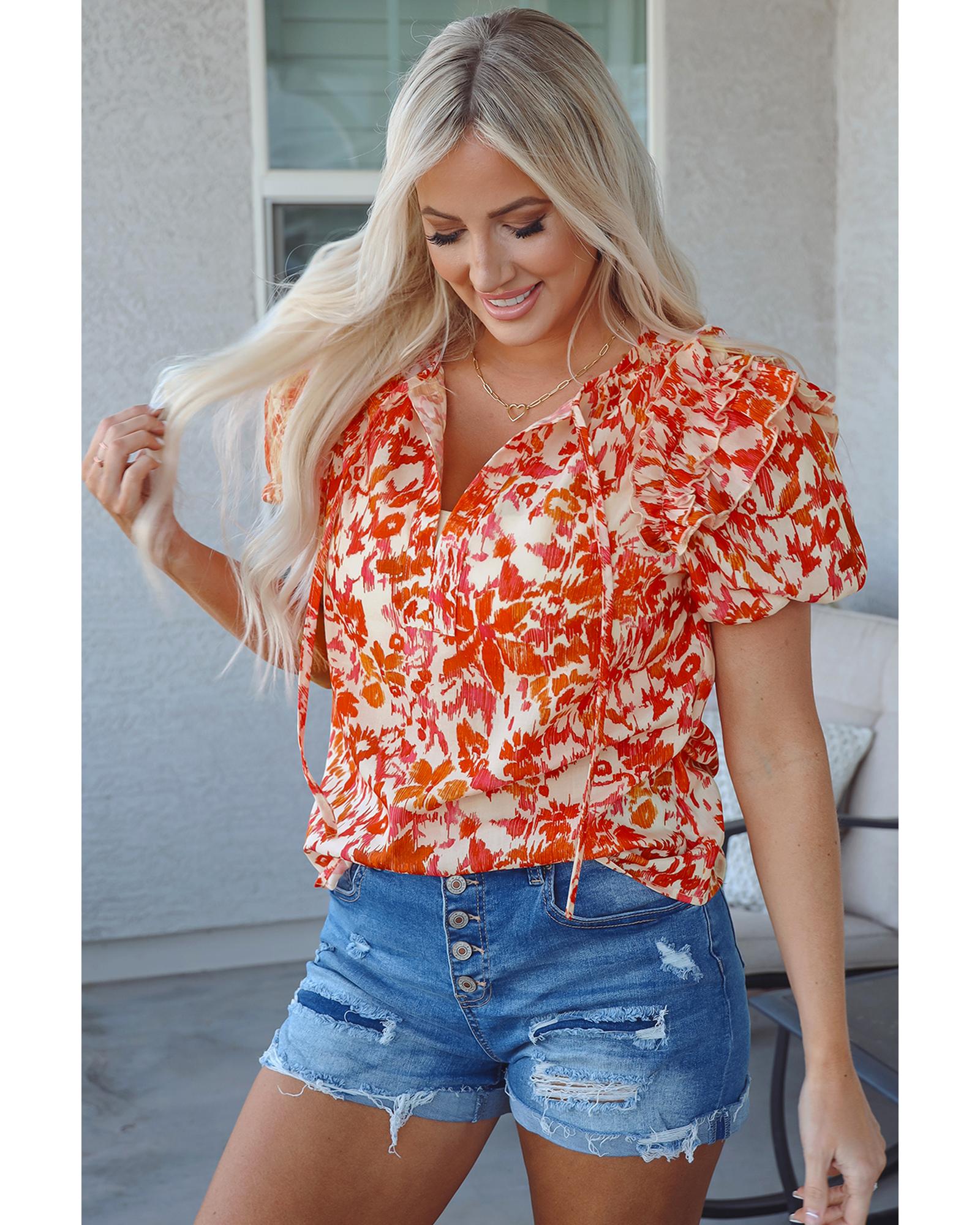 V539-AZEXDC25127229-P1022-S-202506120411-00 Orange Floral Print Ruffled Short Puff Sleeve Split Neck Blouse - S - Image 1