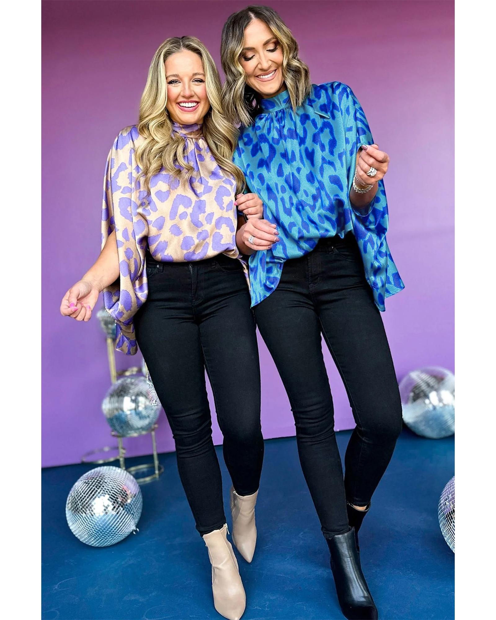 V539-AZEXDC25127404-P520-M-202508271055-00 Blue Animal Printed Mock Neck Detail Caftan Top - M - Image 1