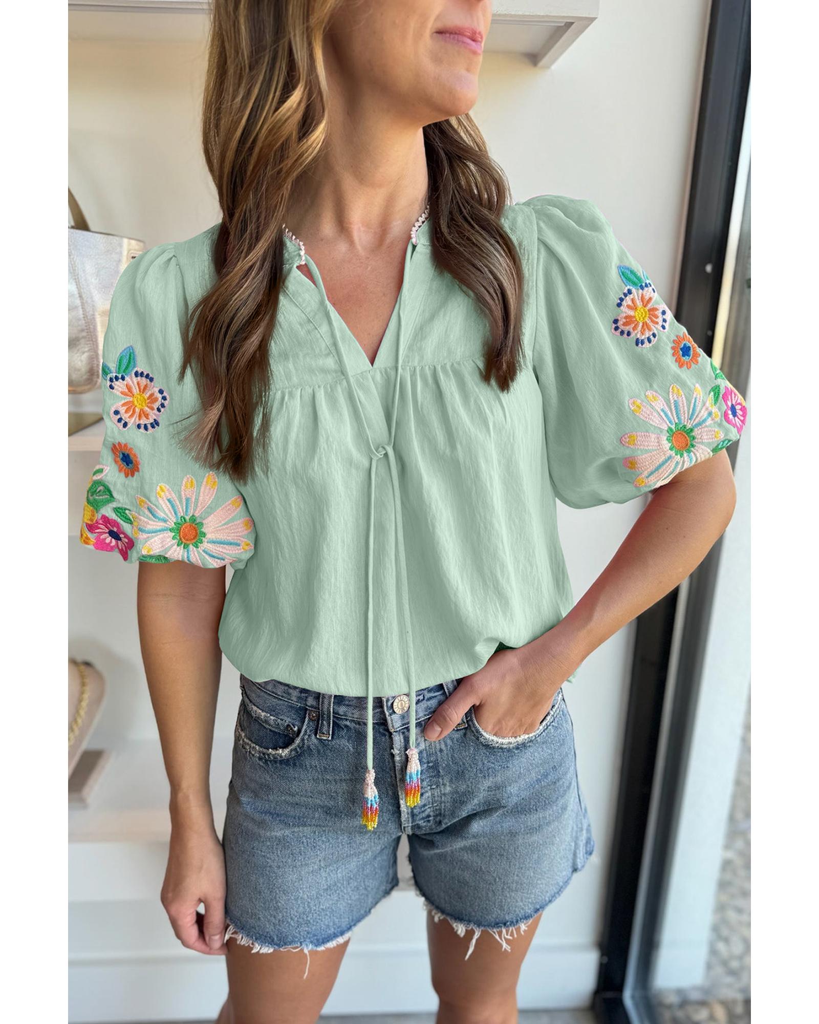 V539-AZEXDC25127411-P2709-XL-202508272106-00 Clearly Aqua Floral Embroidered Puff Sleeve Split Neck Blouse - XL - Image 1