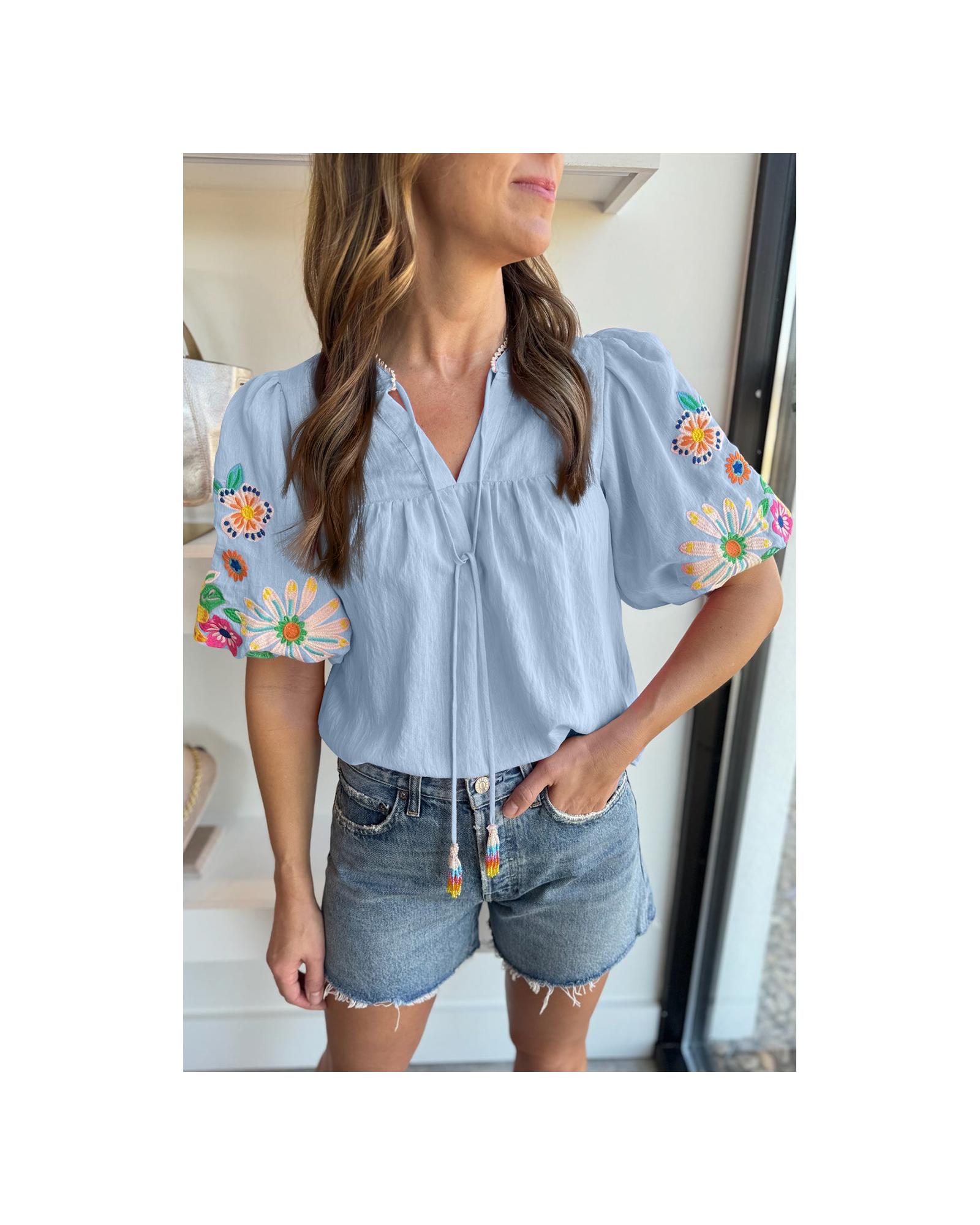 V539-AZEXDC25127411-P804-S-202506120437-00 Beau Blue Floral Embroidered Puff Sleeve Split Neck Blouse - S - Image 1