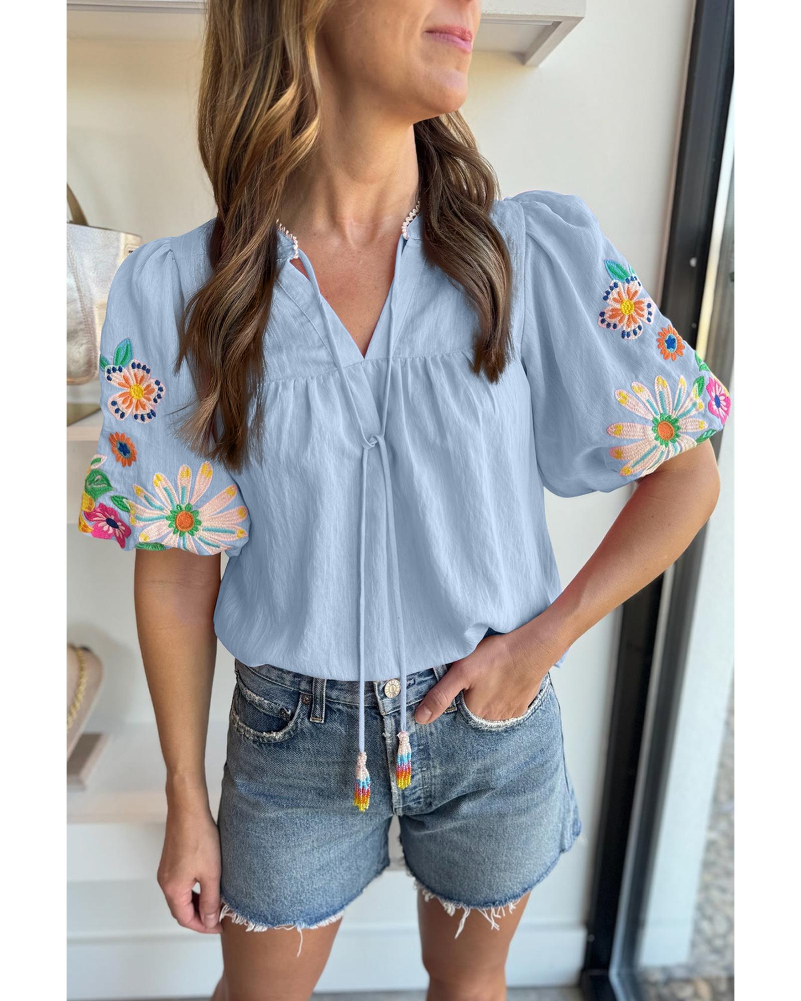 V539-AZEXDC25127411-P804-XL-202508270305-00 Beau Blue Floral Embroidered Puff Sleeve Split Neck Blouse - XL - Image 1