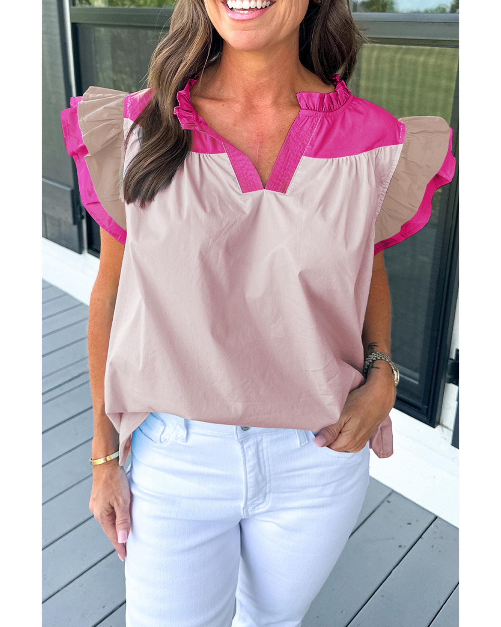 V539-AZEXDC25127521-P10-M-202508271235-00 Pink Colorblock Ruffled Sleeve Frill V Neck Blouse - M - Image 1