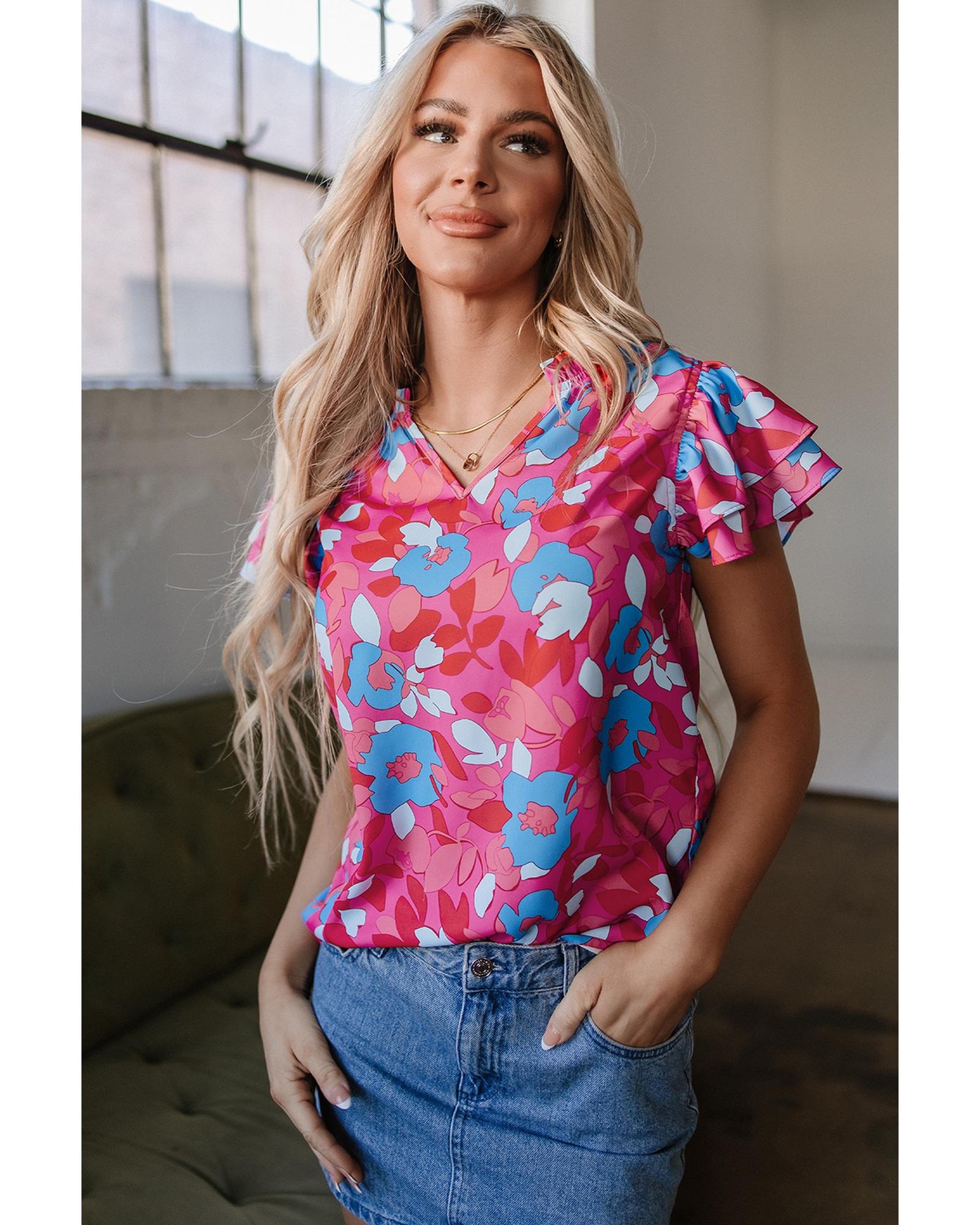 V539-AZEXDC25127523-P622-L-202508271730-00 Rose Red Ruffled Sleeve Floral Blouse - L - Image 1