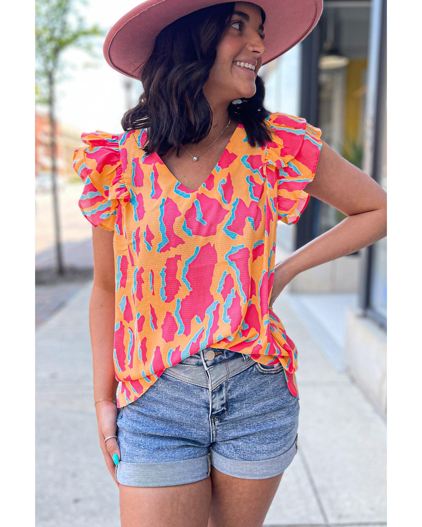 V539-AZEXDC25127600-P1420-XL-202508270250-00 Orange Abstract Print V Neck Ruffled Sleeve Blouse - XL - Image 1