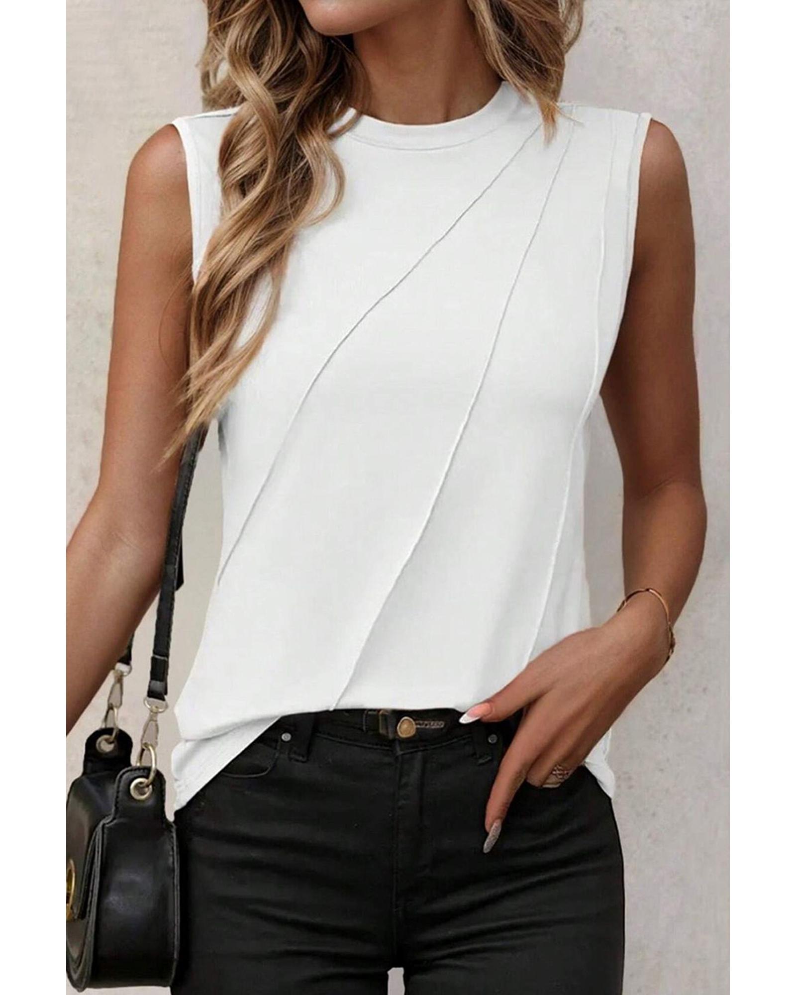 V539-AZEXDC25127653-P1-S-202506120526-00 White Crew Neck Pleated Tank Top - S - Image 1