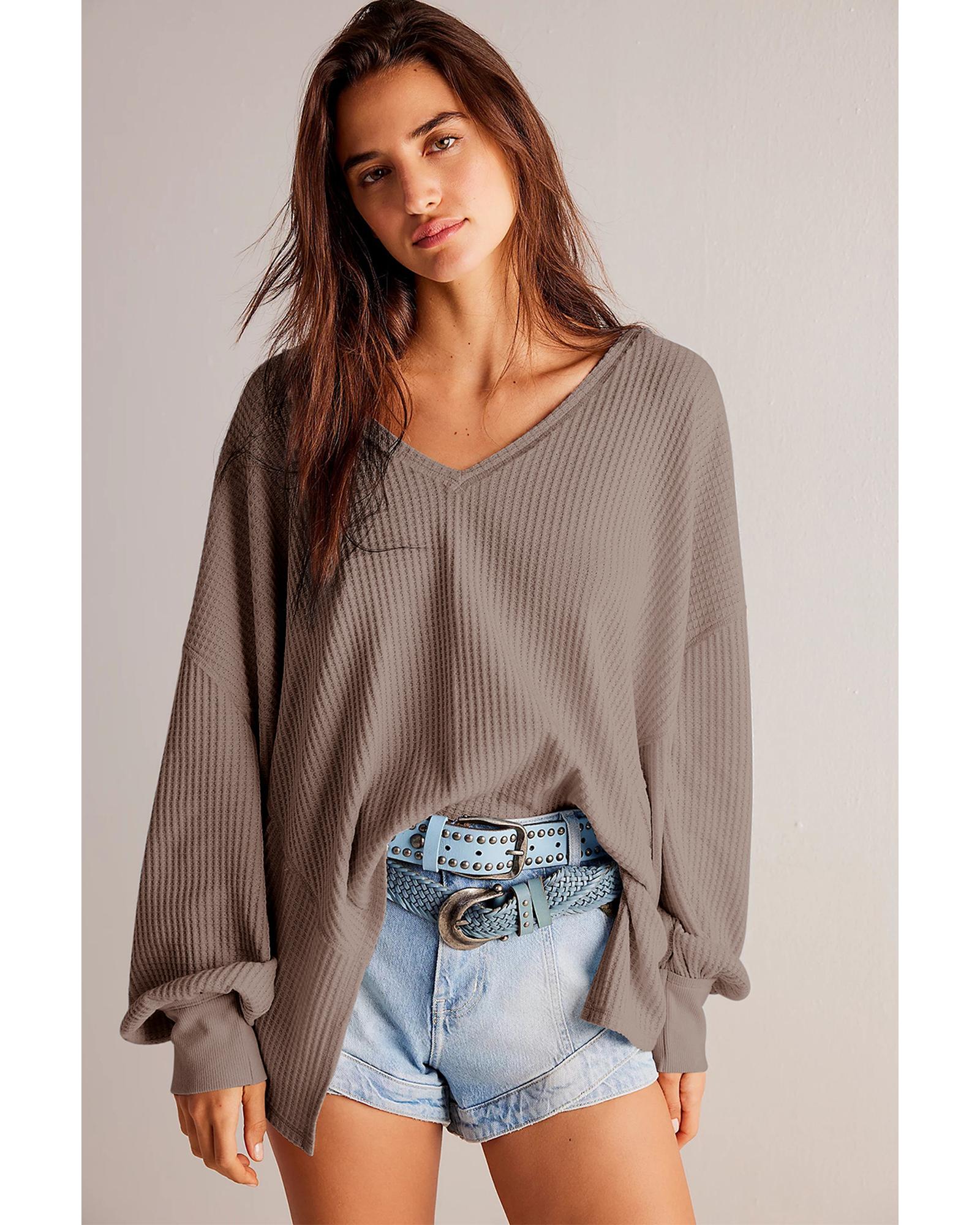 V539-AZEXDC25127934-P1017-S-202506120606-00 Coffee Waffle V Neck Long Sleeve Drop Shoulder Loose Blouse - S - Image 1