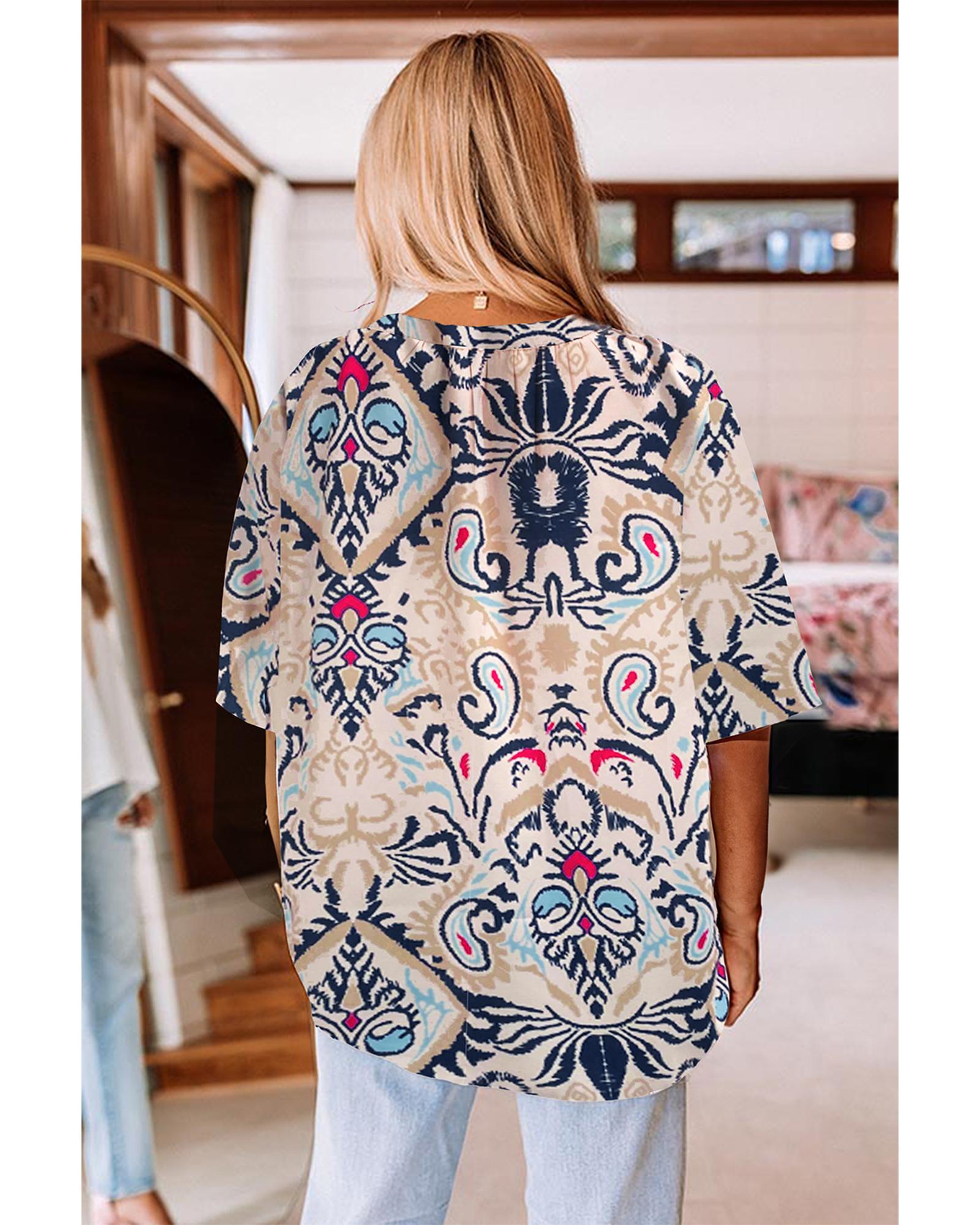 V539-AZEXDC25128177-P120-L-202508270225-00 White Abstract Printed Notched V Neck Split Half Sleeve Blouse - L - Image 1